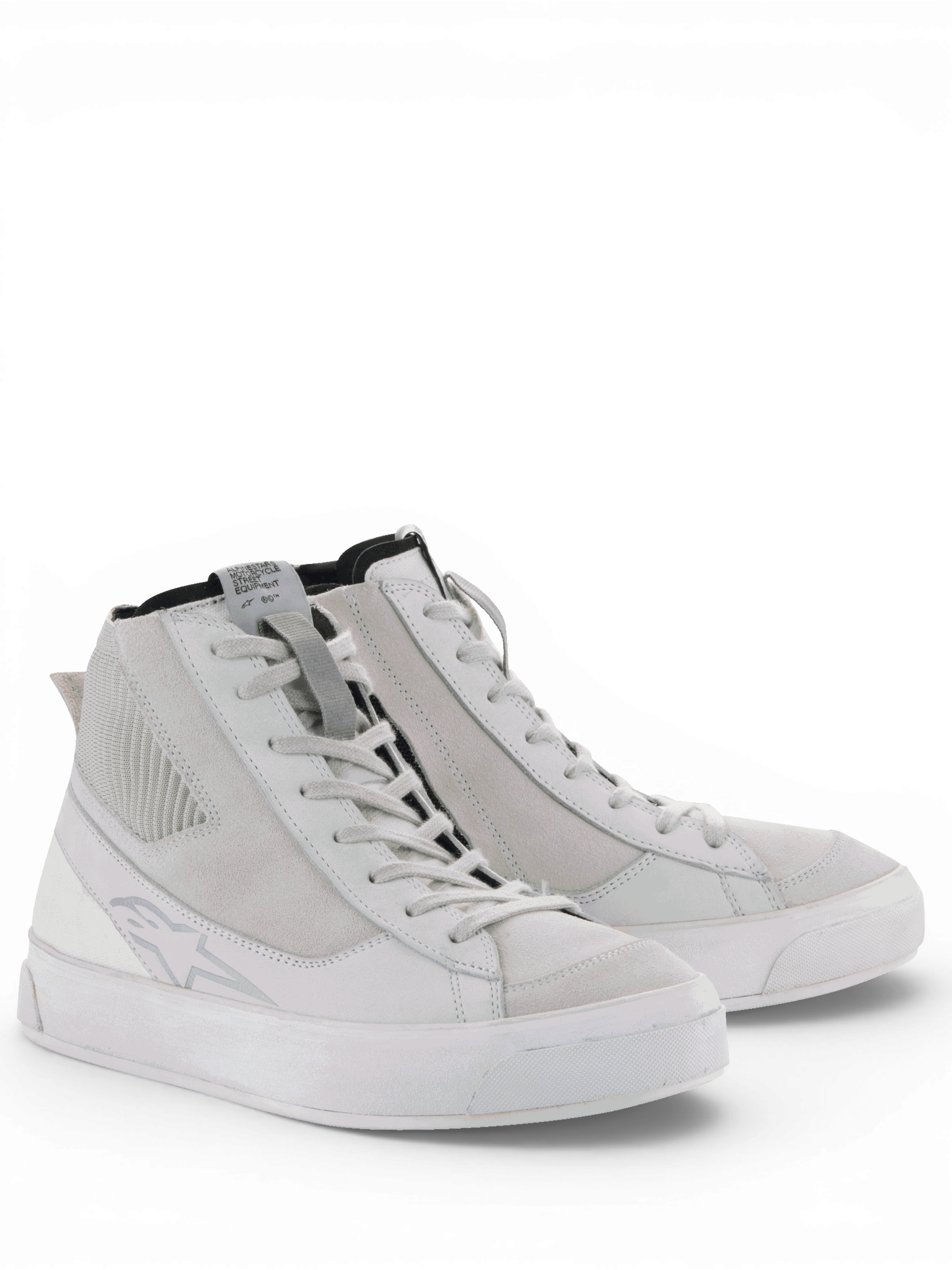 Alpinestars Stella Stated Podium Schuhe, urbane Motorradschuhe für Damen im Retro-Sneaker-Stil, Weiß und Grau, mit vulkanisierter Sohle und Nubukleder-Konstruktion.