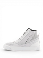 Alpinestars Stella Stated Podium Schuhe, urbane Damen-Motorradschuhe, Weiß und Grau, seitlicher Reißverschluss, vulkanisierte Sohle.