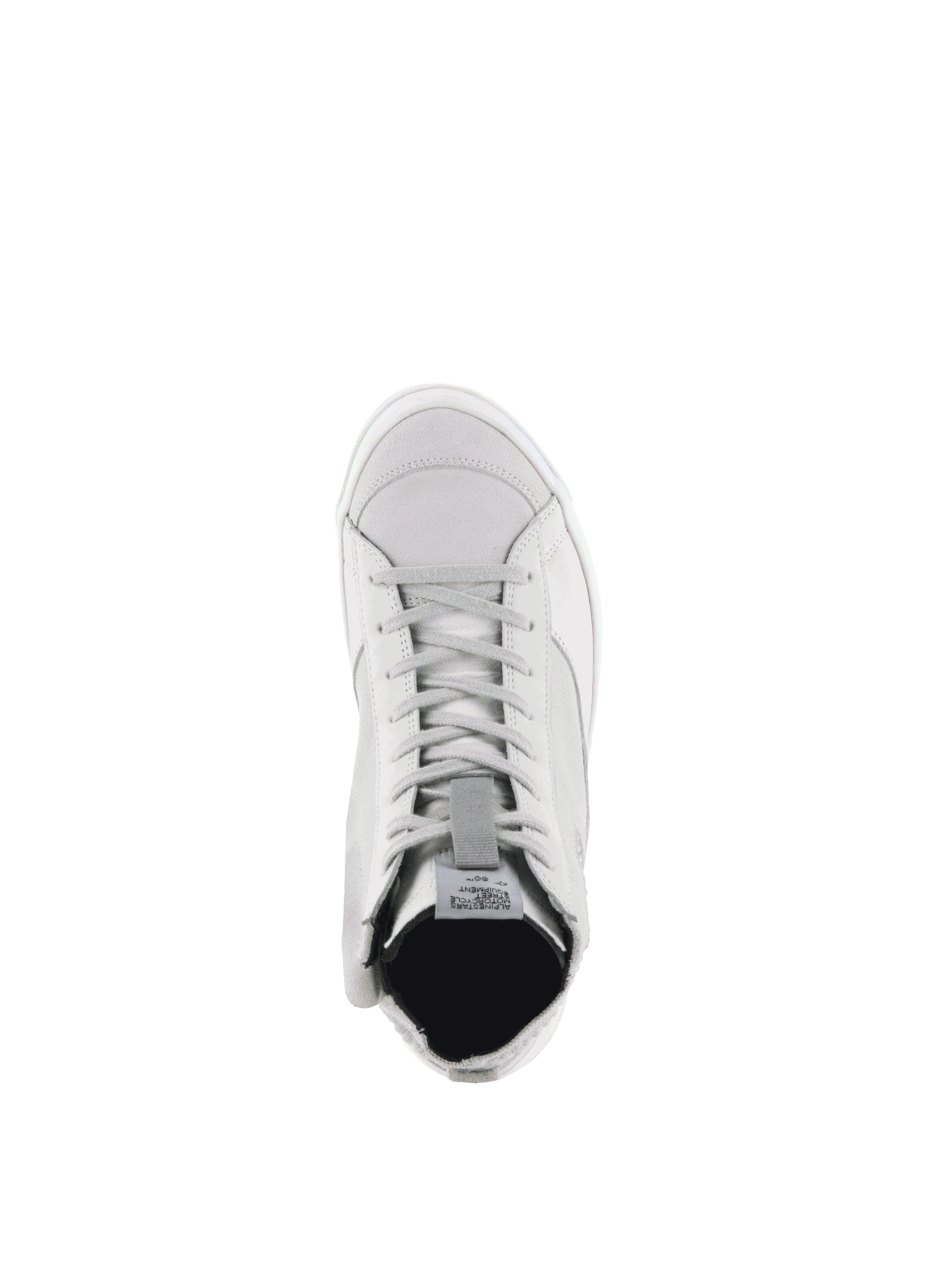 Alpinestars Stella Stated Podium Schuhe, Damen-Motorradschuhe in Weiß und Grau, Draufsicht, urbaner Sneaker-Stil.