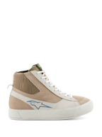 Alpinestars Stella Stated Podium Shoes, Women's High-Top Riding Sneakers, White and Light Gray, beige suede and leather upper, blue Alpinestars logo, ribbed knit ankle collar, thick white vulcanized sole, retro skate style