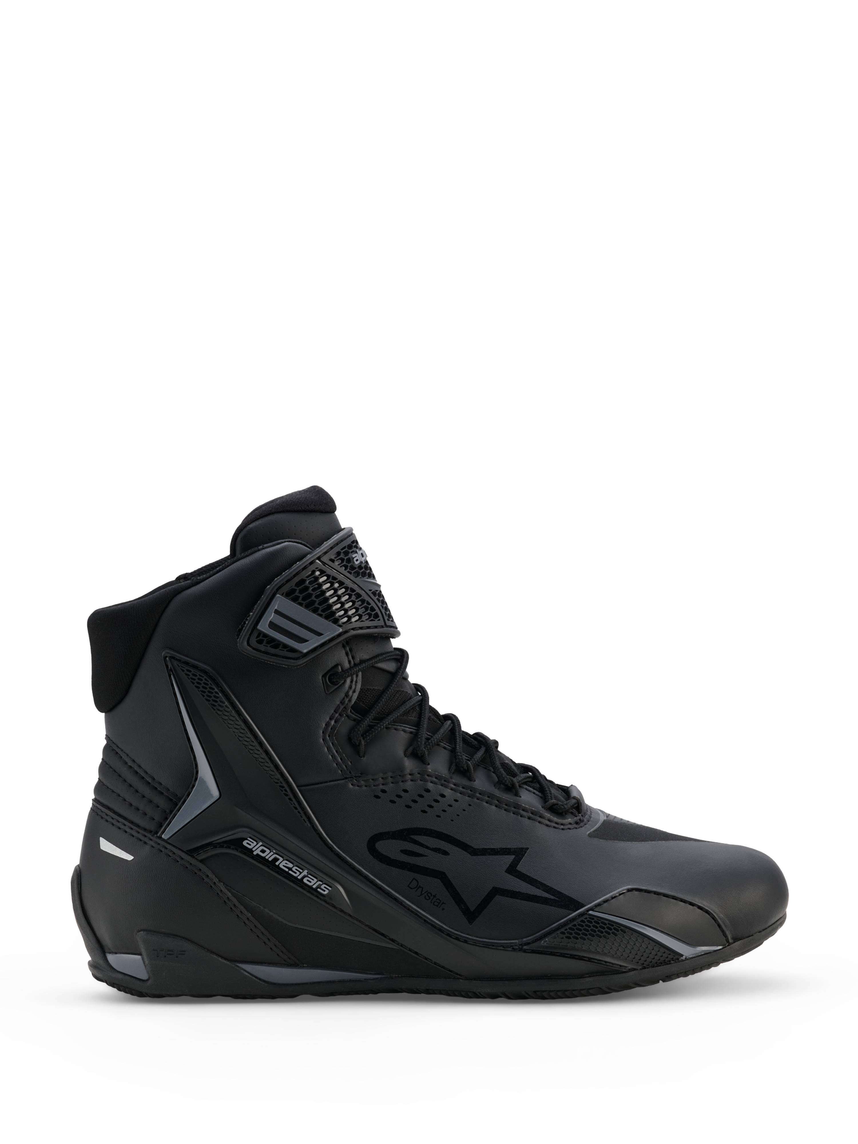 Alpinestars Faster-4 Drystar® Schuhe, Motorradschuhe in Schwarz und Cool Gray, High-Top-Design mit Schnürverschluss und Klettverschluss-Knöchelriemen, mit wasserdichtem Drystar-Branding und Alpinestars Stern-Logo, schlankes sportliches Profil für Straßenfahrten