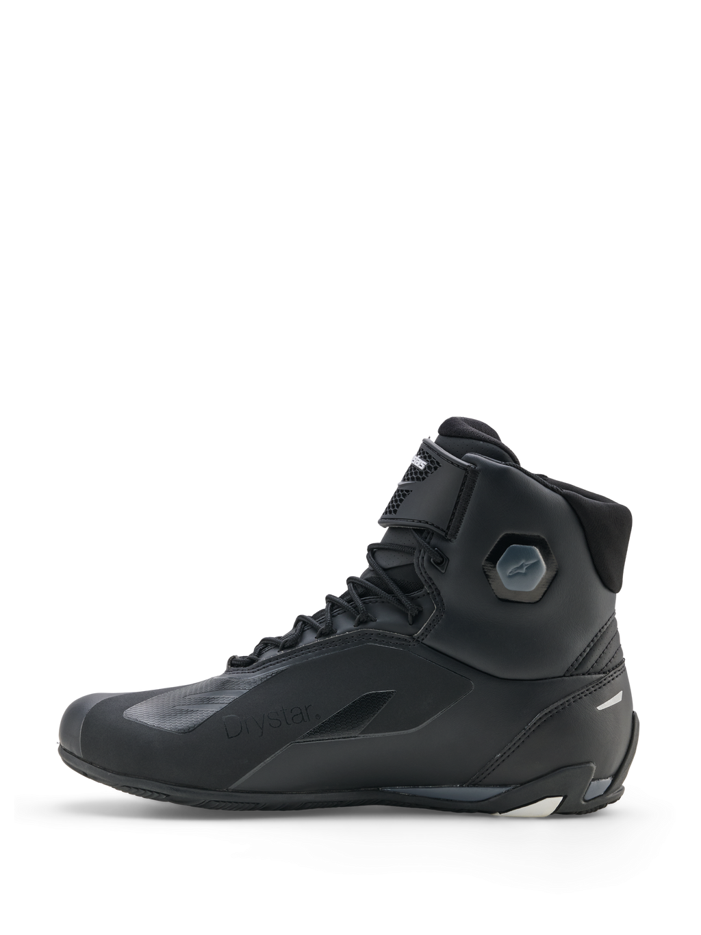 Alpinestars Faster-4 Drystar® Schuhe, Motorradschuhe, Schwarz Cool Gray Weiß, Seitenprofilansicht mit wasserdichter Konstruktion, Schnürverschluss mit Klettverschlussriemen und integriertem Knöchelschutz.