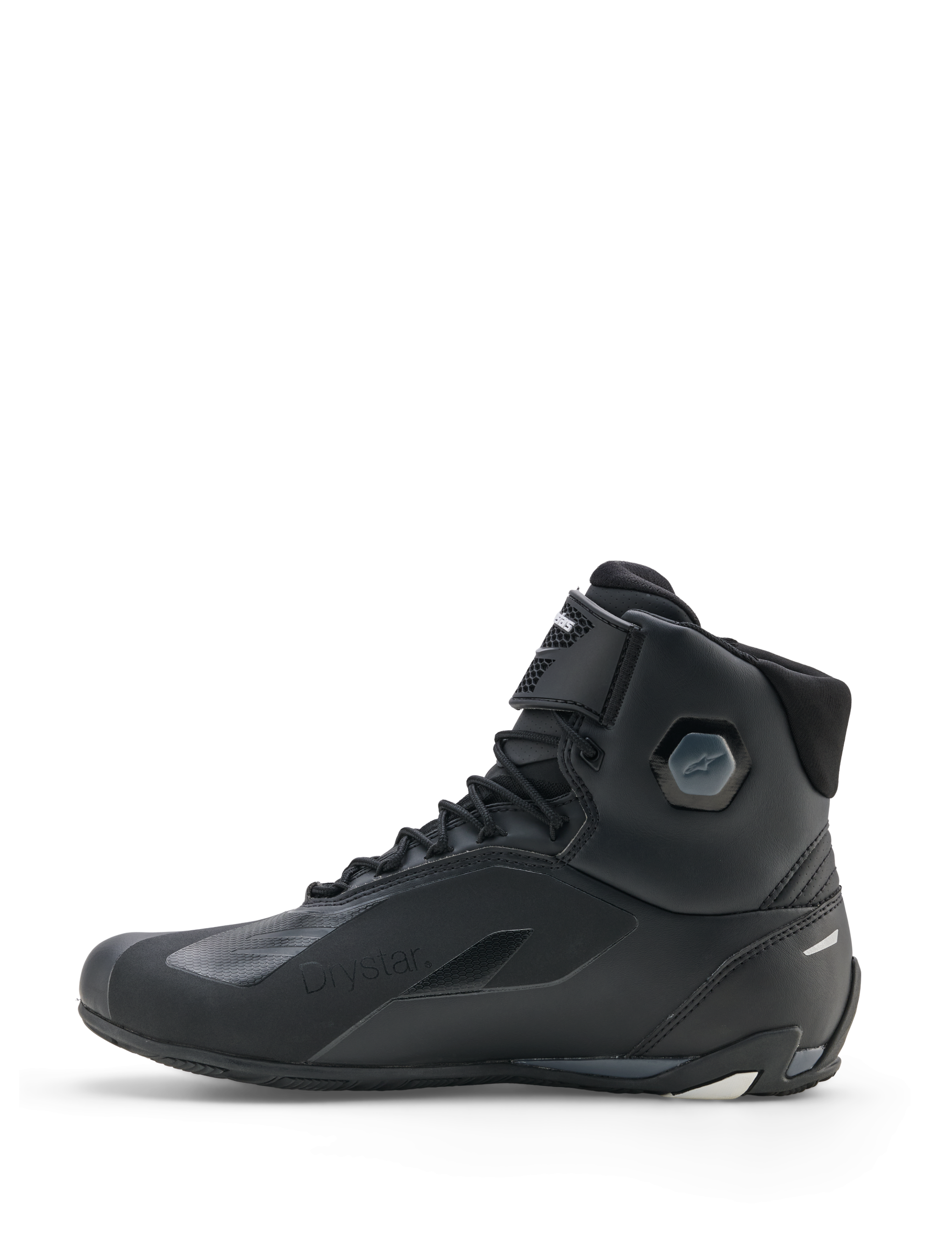 Alpinestars Faster-4 Drystar® Schuhe, Motorradschuhe, Schwarz Cool Gray Weiß, Seitenprofilansicht mit wasserdichter Konstruktion, Schnürverschluss mit Klettverschlussriemen und integriertem Knöchelschutz.
