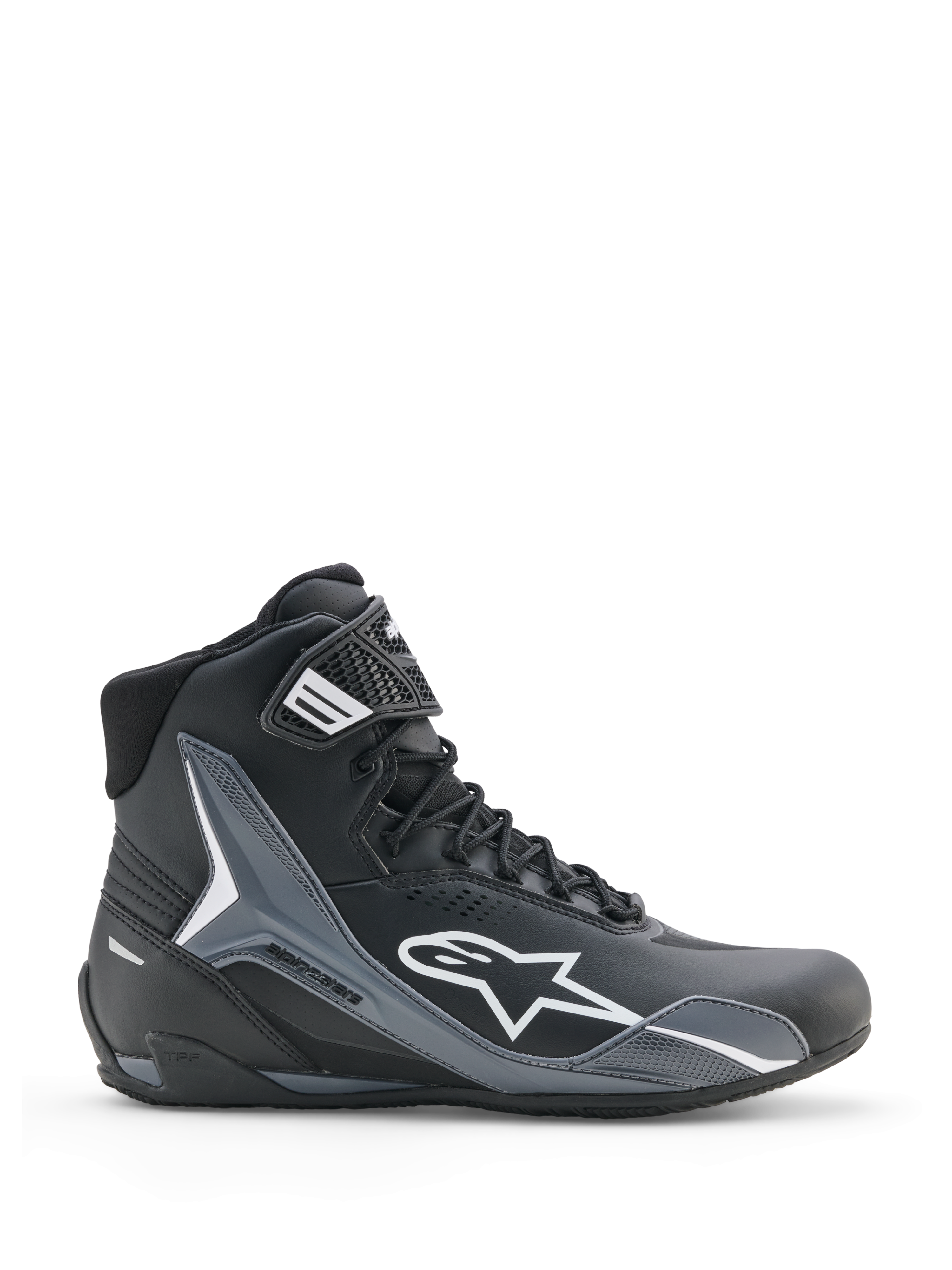 Alpinestars Faster-4 Drystar Shoes, Motorcycle Riding Shoes, Black Cool Gray White, side profile view showing white Astars logo, high-top design with reinforced protective panels, lace-up closure with ankle strap, modern sporty style