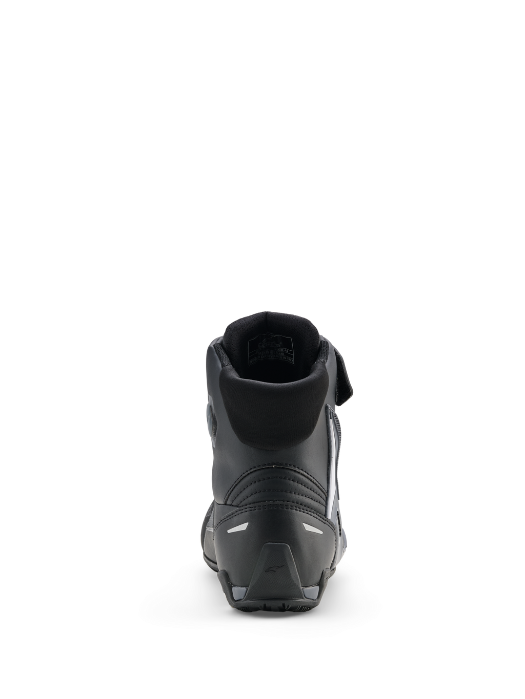 Alpinestars Faster-4 Drystar® Schuhe, Motorradschuhe, Schwarz Cool Gray Weiß, Rückansicht mit gepolstertem Kragen, verstärkter Ferse mit reflektierenden Akzenten und strukturierter Gummisohle für sportliche Leistung.