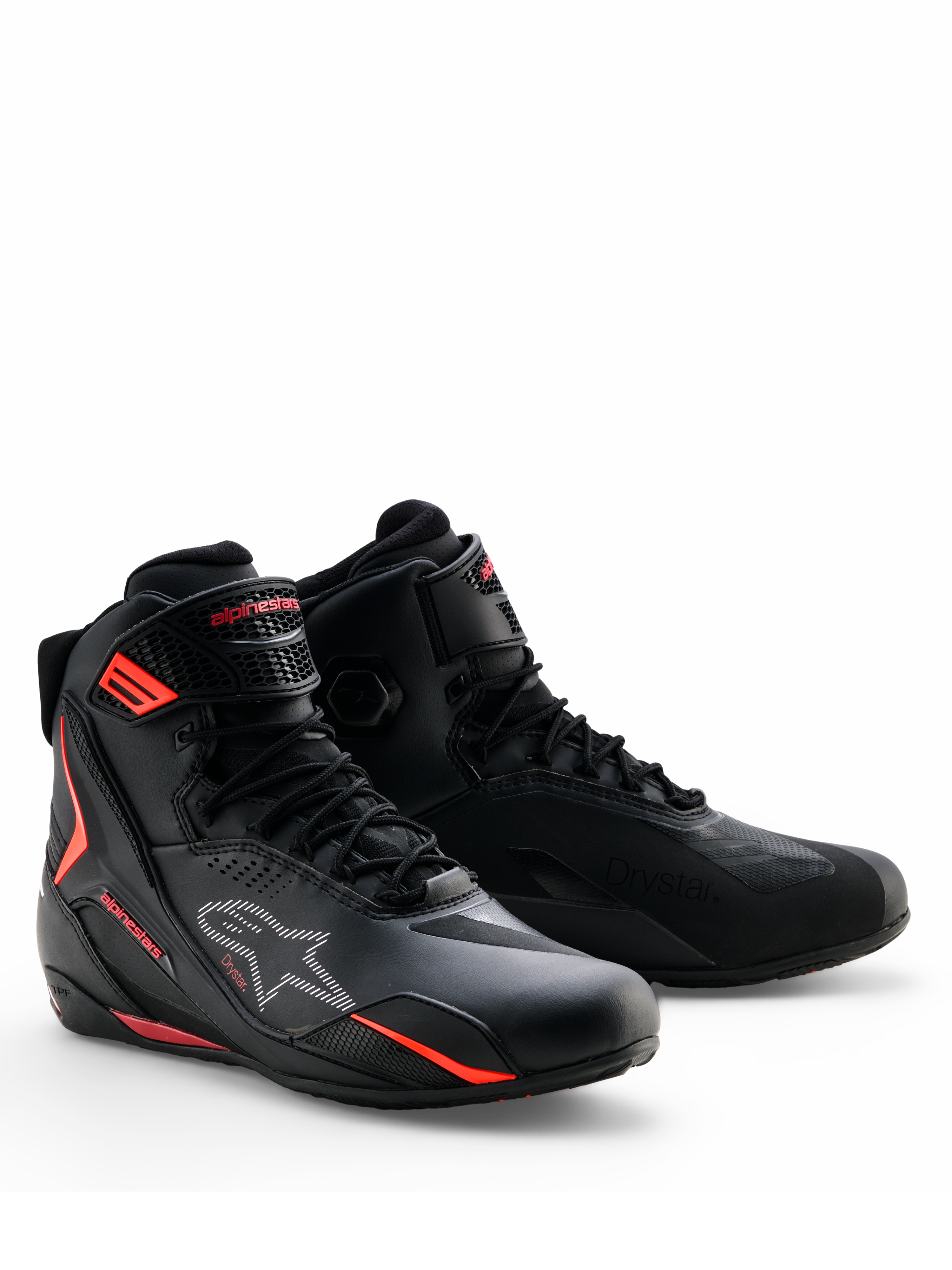 Alpinestars Faster-4 Drystar® Schuhe, Motorradschuhe, Schwarz mit Rio Red und Red Fluo Akzenten, Schnürdesign mit wasserdichtem Mikrofaser-Obermaterial, schlankes sportliches Profil für Straßen- und Sportfahrten