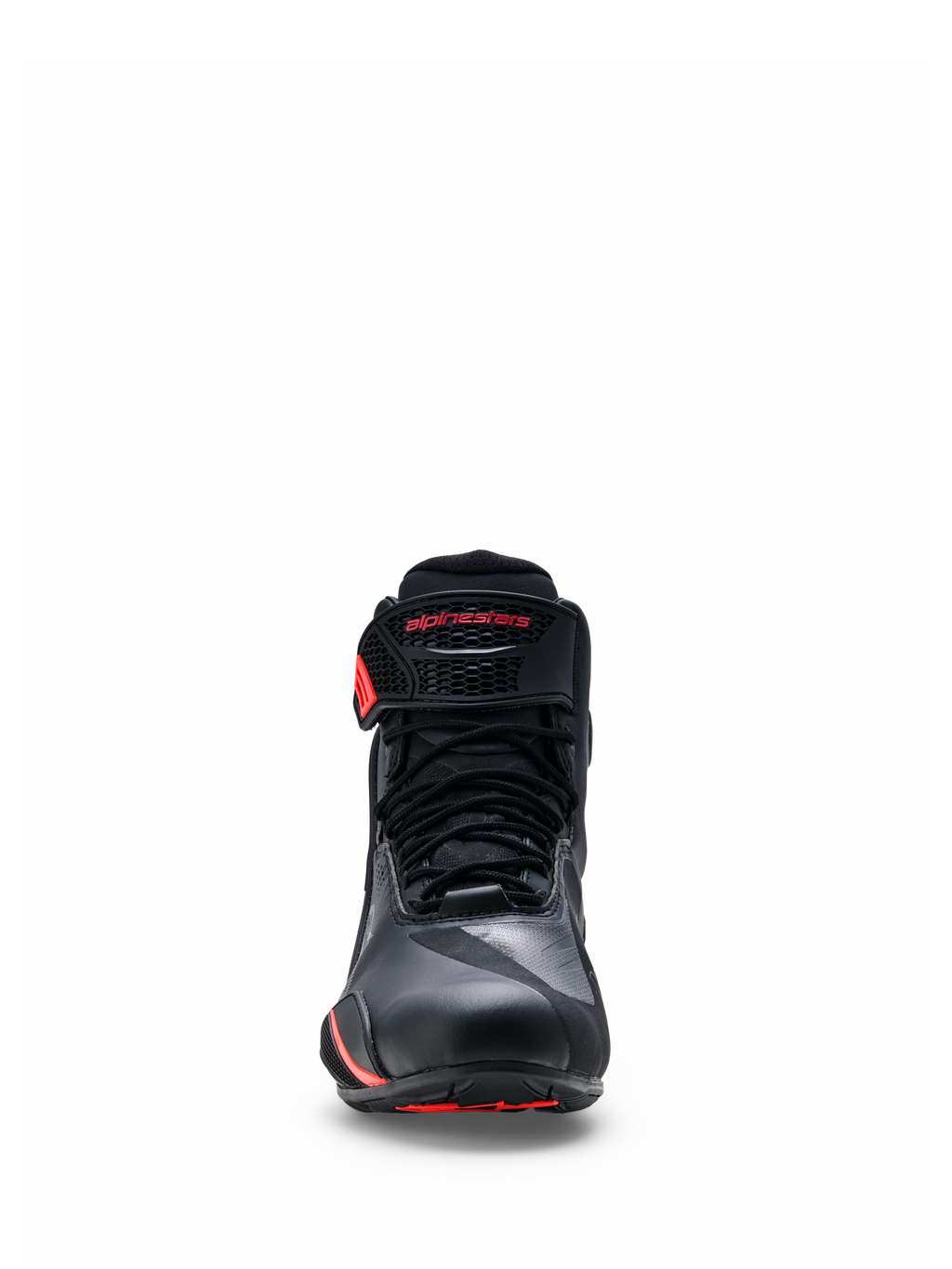 Alpinestars Faster-4 Drystar® Schuhe, Schwarz mit Akzenten in Rio Red und Red Fluo, Frontansicht mit Schnürverschluss und Klettverschluss-Knöchelriemen mit rotem Branding, wasserfeste Motorradschuhe mit verstärktem Zehenbereich und sportlichem Design
