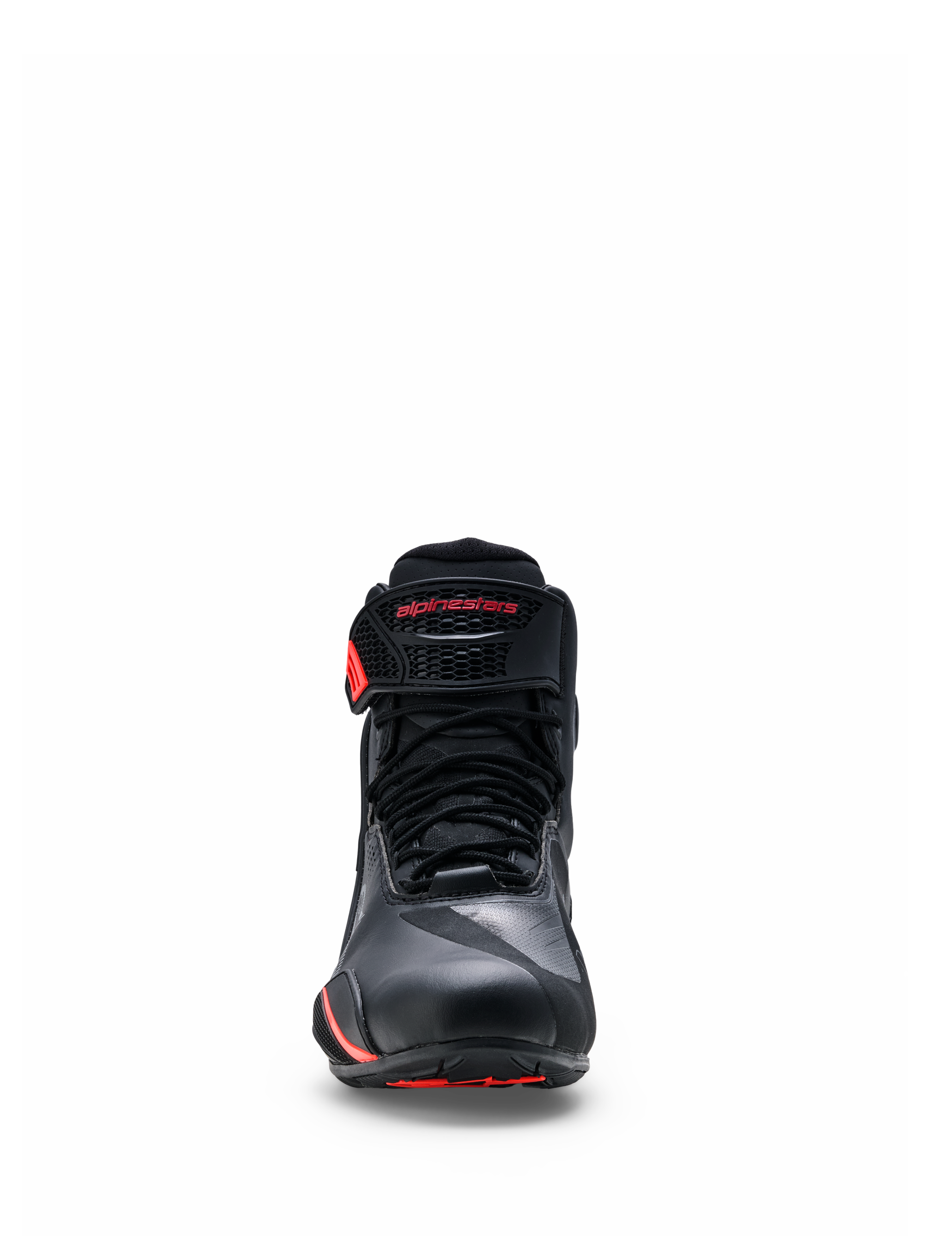 Alpinestars Faster-4 Drystar® Schuhe, Schwarz mit Akzenten in Rio Red und Red Fluo, Frontansicht mit Schnürverschluss und Klettverschluss-Knöchelriemen mit rotem Branding, wasserfeste Motorradschuhe mit verstärktem Zehenbereich und sportlichem Design