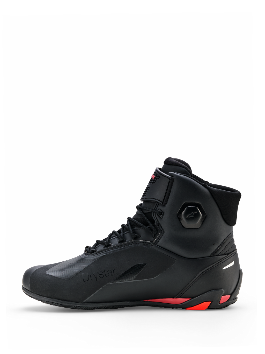 Alpinestars Faster-4 Drystar® Schuhe, Motorradschuhe, Schwarz mit Rio Red und Red Fluo Akzenten, Seitenansicht, mit nahtloser Mikrofaser-Konstruktion, Drystar-Branding und verstärkter Ferse mit roten Highlights