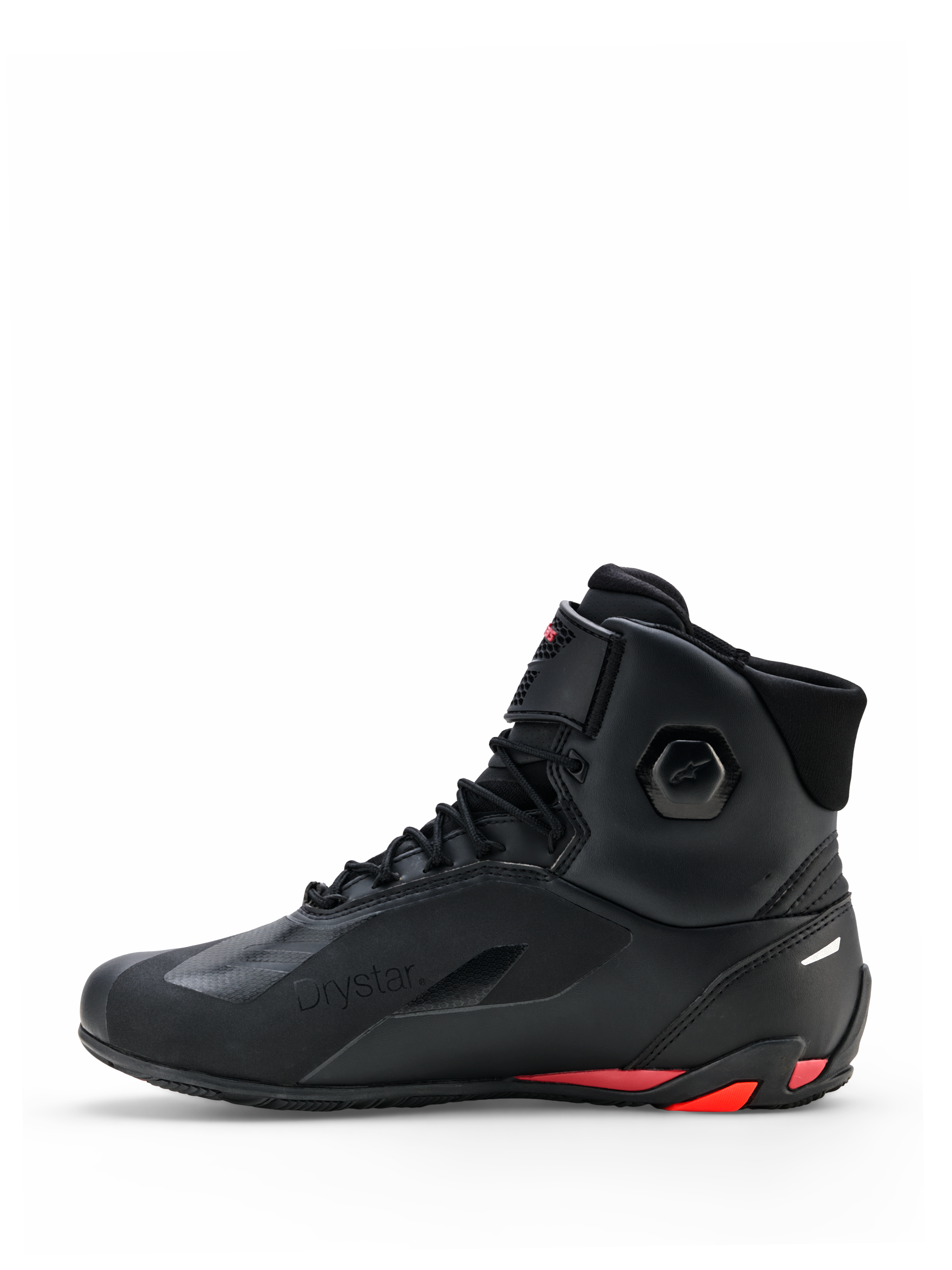 Alpinestars Faster-4 Drystar® Schuhe, Motorradschuhe, Schwarz mit Rio Red und Red Fluo Akzenten, Seitenansicht, mit nahtloser Mikrofaser-Konstruktion, Drystar-Branding und verstärkter Ferse mit roten Highlights