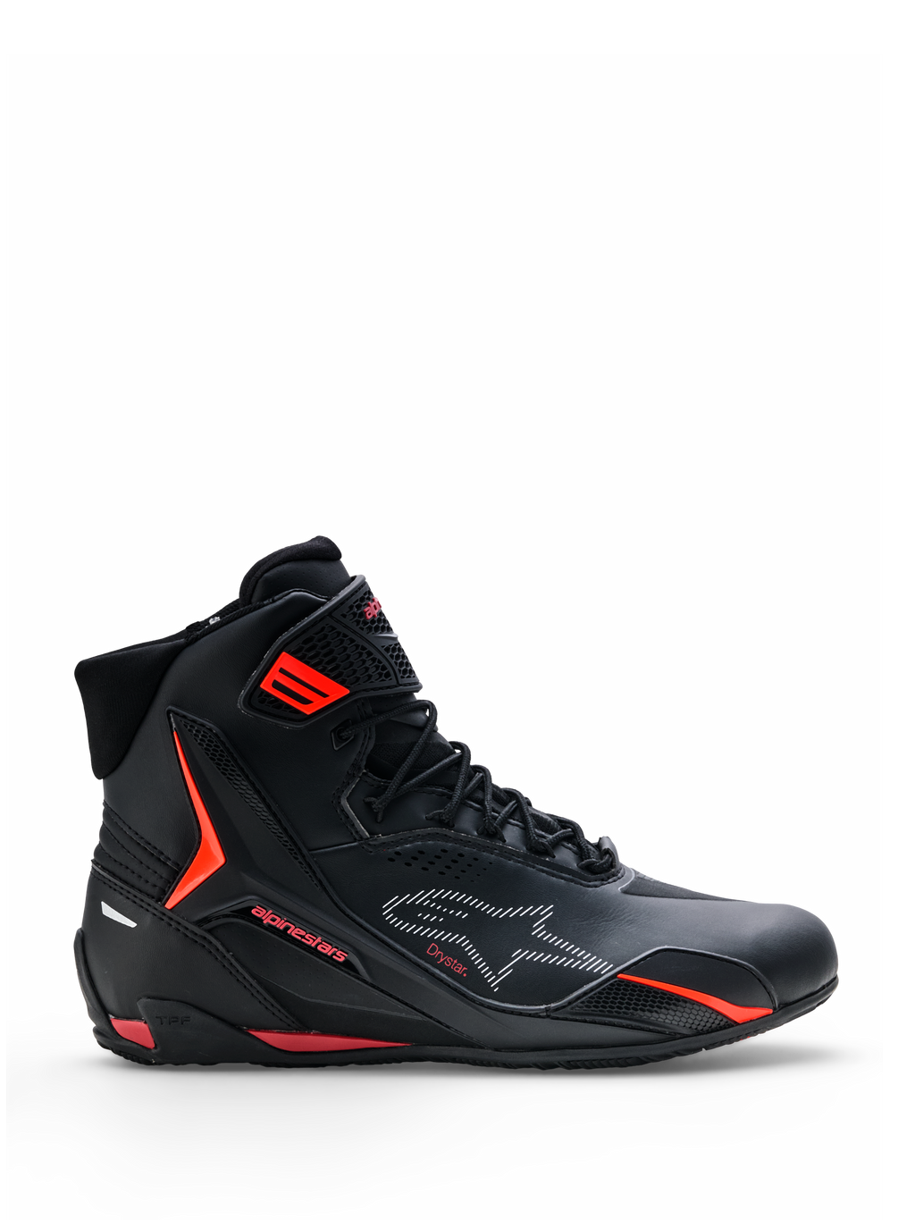 Alpinestars Faster-4 Drystar® Schuhe, Motorradschuhe, Schwarz mit Rio Red und Red Fluo Akzenten, Seitenansicht, High-Top-Design mit Schnürung und Knöchelriemen, sportlicher urbaner Stil