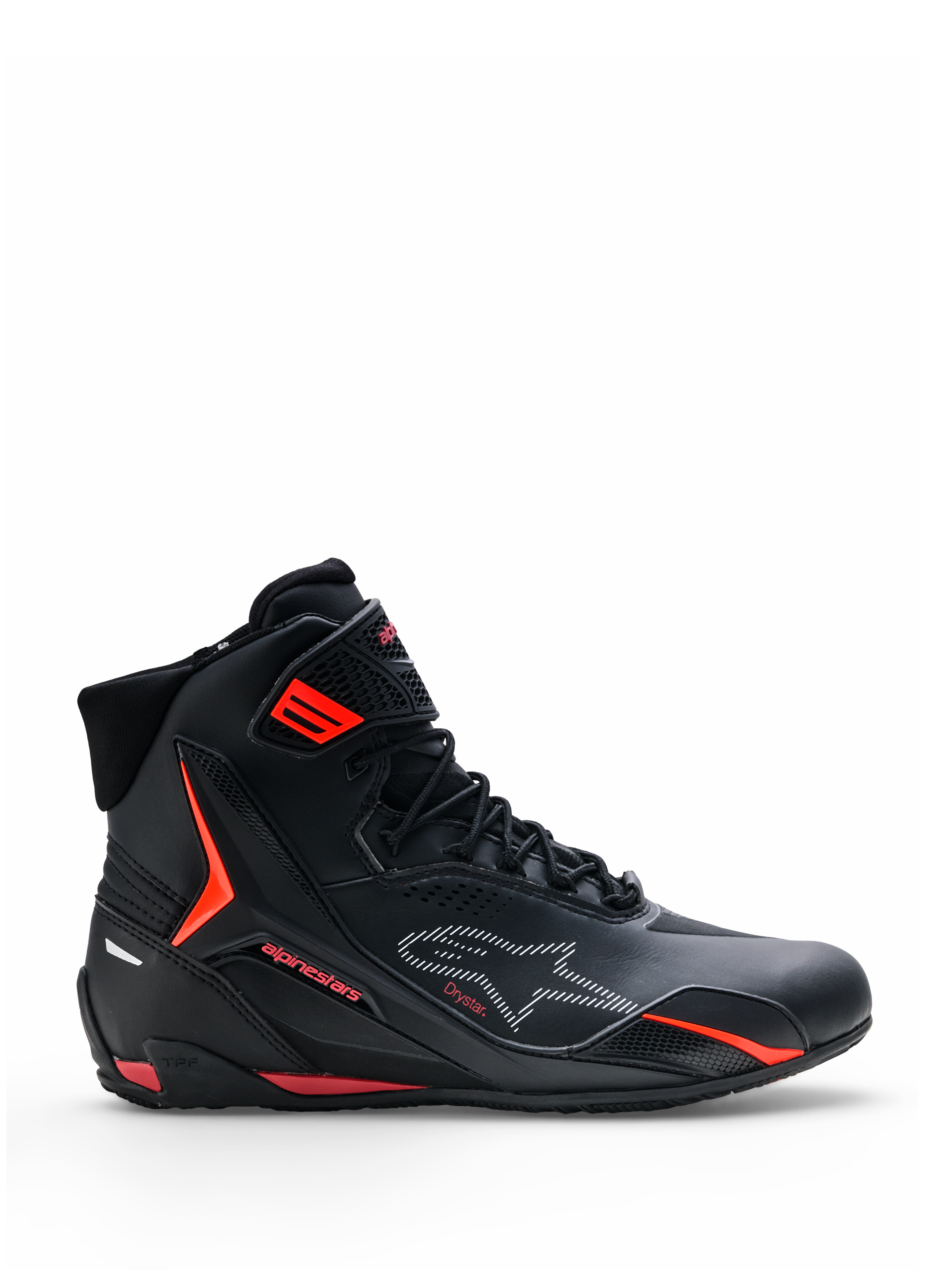 Alpinestars Faster-4 Drystar® Schuhe, Motorradschuhe, Schwarz mit Rio Red und Red Fluo Akzenten, Seitenansicht, High-Top-Design mit Schnürung und Knöchelriemen, sportlicher urbaner Stil