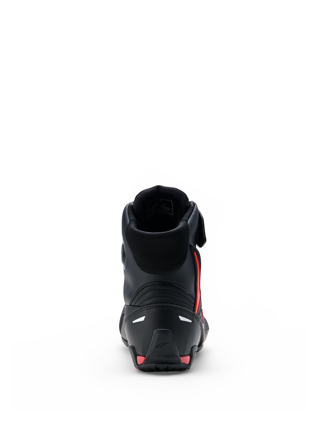 Alpinestars Faster-4 Drystar® Schuhe, Motorradschuhe, Schwarz mit Rio-Rot- und Fluo-Rot-Akzenten, Rückansicht mit verstärkter Fersenkappe, High-Top-Design und nahtloser Mikrofaser-Konstruktion.
