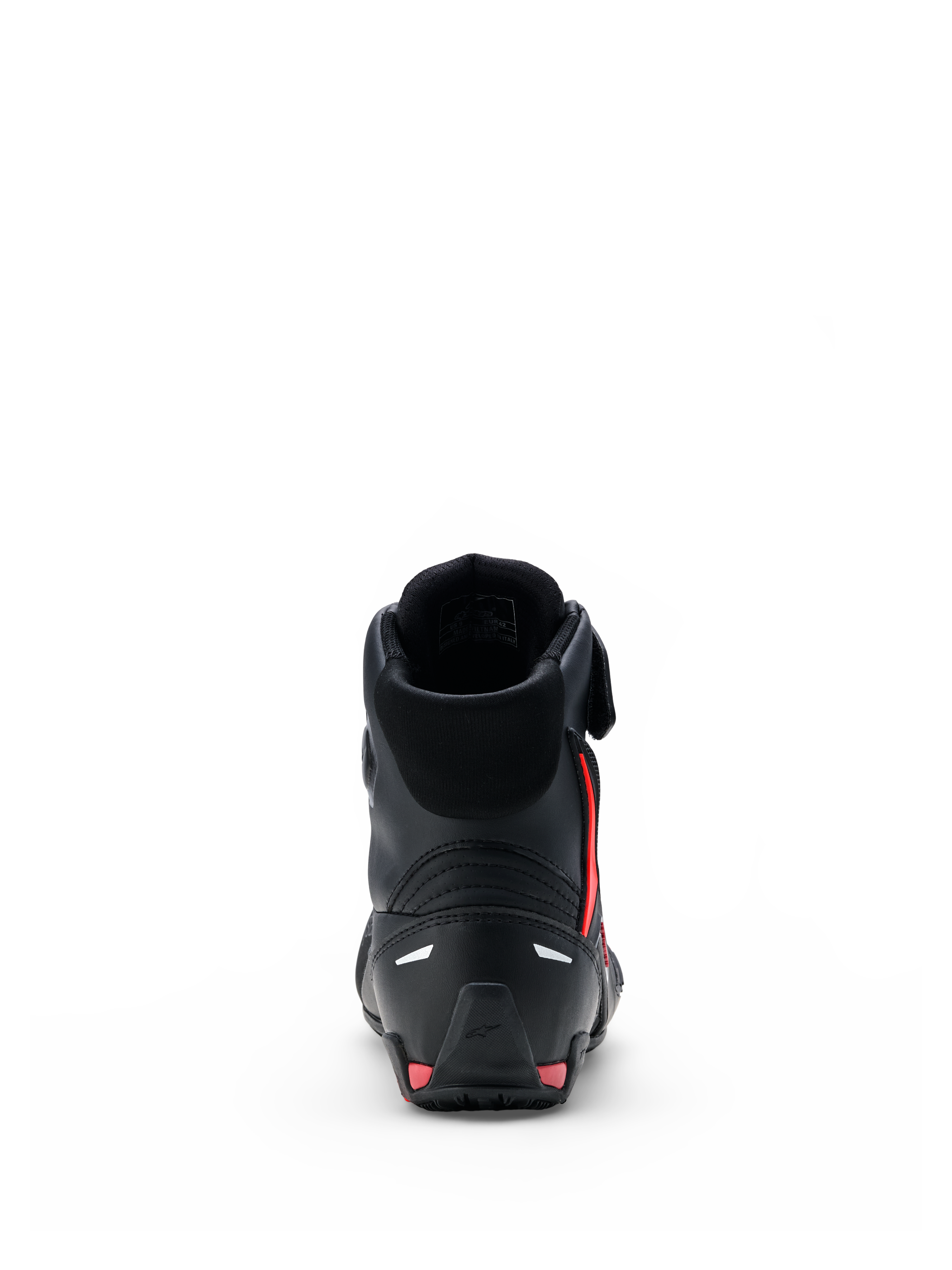 Alpinestars Faster-4 Drystar® Schuhe, Motorradschuhe, Schwarz mit Rio-Rot- und Fluo-Rot-Akzenten, Rückansicht mit verstärkter Fersenkappe, High-Top-Design und nahtloser Mikrofaser-Konstruktion.