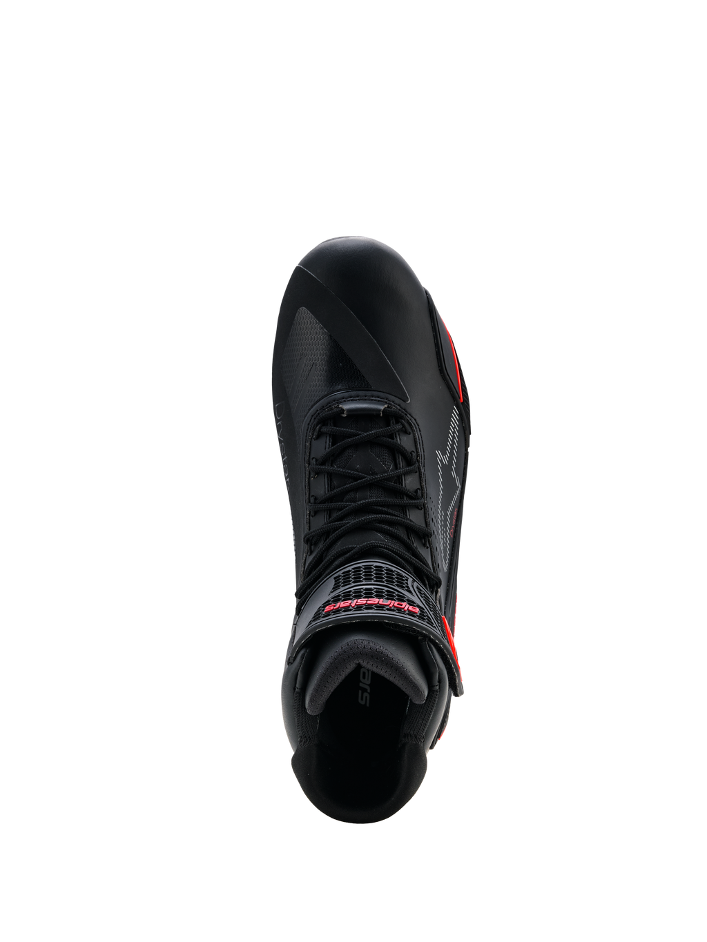 Alpinestars Faster-4 Drystar® Schuhe, Schwarz mit Rio Red und Red Fluo Akzenten, Draufsicht mit Schnürsystem und Klettverschluss mit rotem Branding, wasserdichte Motorradschuhe