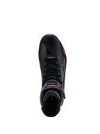 Alpinestars Faster-4 Drystar® Schuhe, Schwarz mit Rio Red und Red Fluo Akzenten, Draufsicht mit Schnürsystem und Klettverschluss mit rotem Branding, wasserdichte Motorradschuhe
