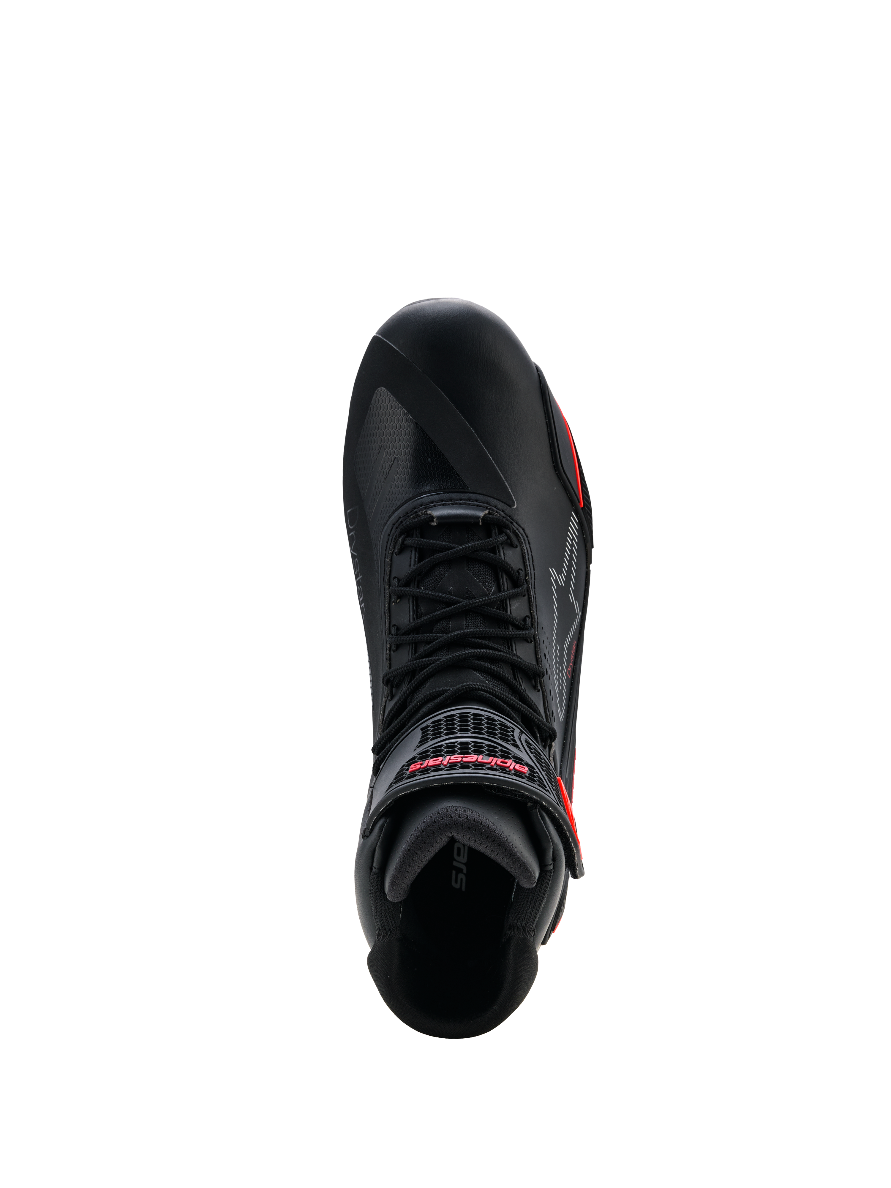 Alpinestars Faster-4 Drystar® Schuhe, Schwarz mit Rio Red und Red Fluo Akzenten, Draufsicht mit Schnürsystem und Klettverschluss mit rotem Branding, wasserdichte Motorradschuhe