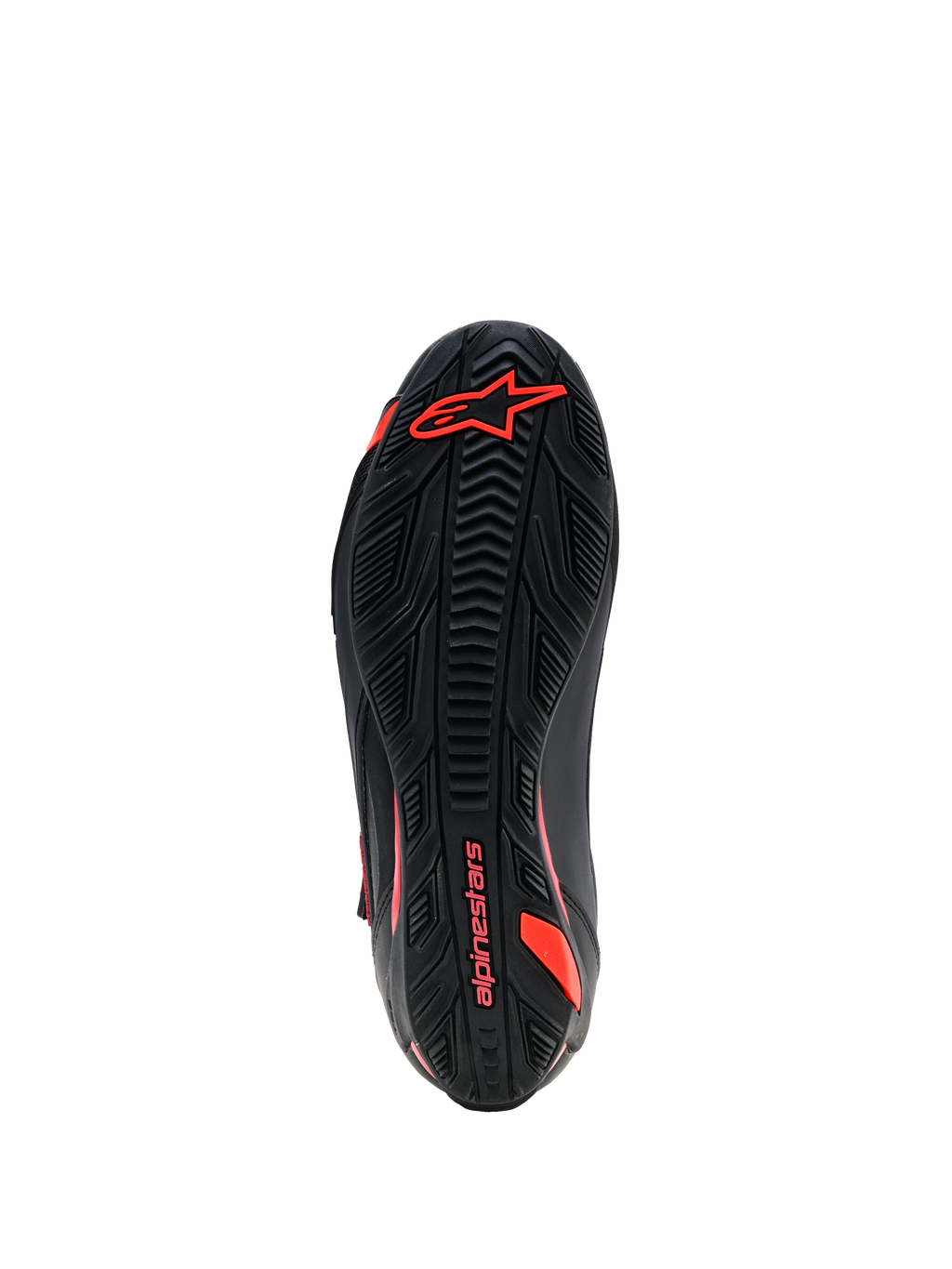 Alpinestars Faster-4 Drystar® Schuhe, Ansicht der Außensohle, Schwarz mit Red Fluo Branding, strukturierte Gummi-Gripsohle mit Alpinestars Logo und Wortmarke, strapazierfähige Motorradschuhe