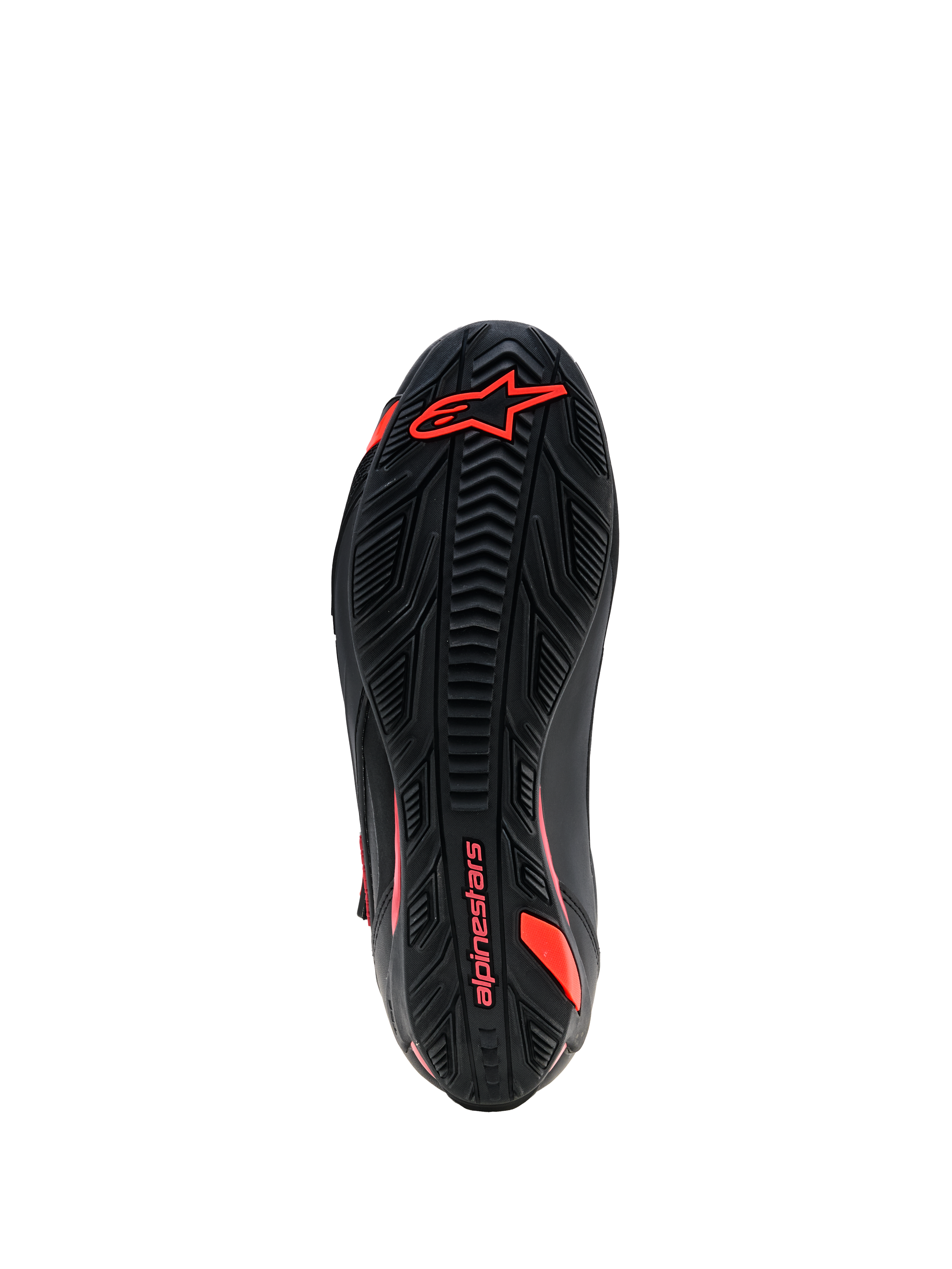 Alpinestars Faster-4 Drystar® Schuhe, Ansicht der Außensohle, Schwarz mit Red Fluo Branding, strukturierte Gummi-Gripsohle mit Alpinestars Logo und Wortmarke, strapazierfähige Motorradschuhe