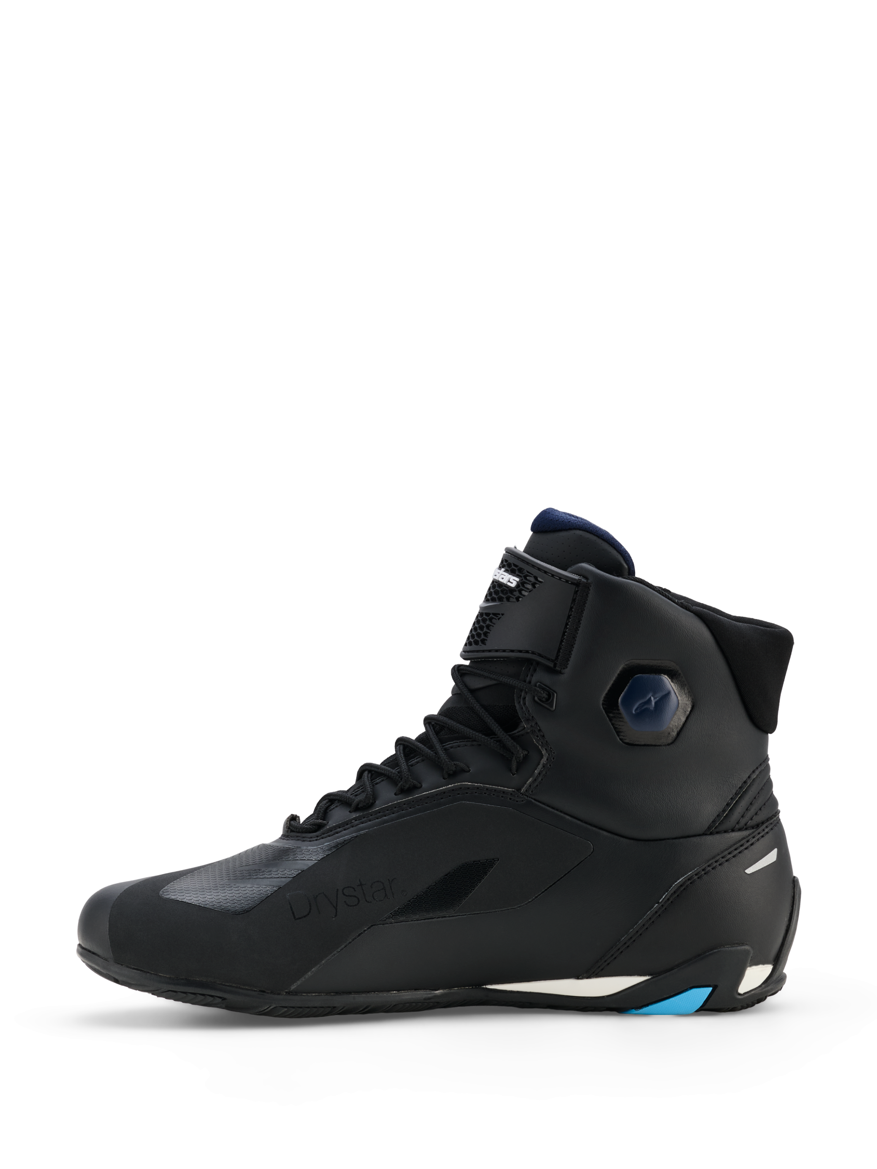 Alpinestars Faster-4 Drystar® Shoes, Black with Night Navy and Cyan accents, side profile view, high-top motorcycle riding shoes, featuring lace-up closure, hook-and-loop ankle strap, and protective reinforced sole