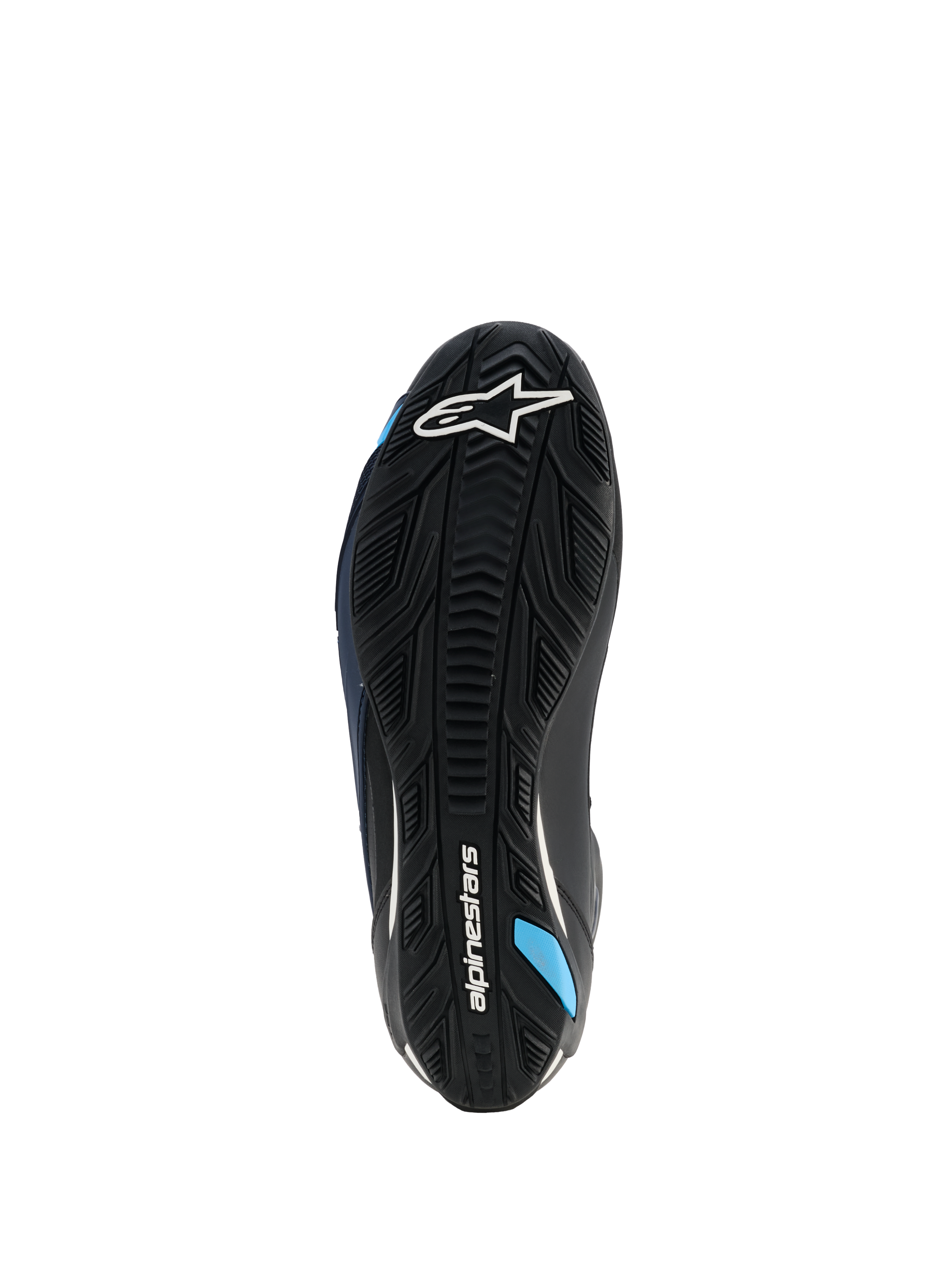 Alpinestars Faster-4 Drystar® Shoes, Sole View, Black Night Navy Cyan, featuring a reinforced rubber outsole with textured grip, white Alpinestars logo, and cyan blue accents, designed for motorcycle riding stability