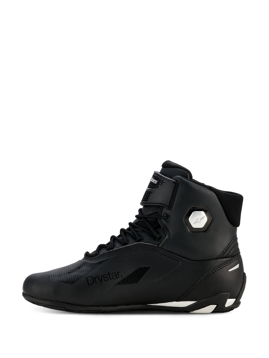 Alpinestars Woman Stella Faster-4 Drystar® Shoes, Black and Silver, lateral side profile view, waterproof motorcycle riding shoes with microfiber upper, lace-up closure and hook-and-loop strap, featuring Drystar branding and silver ankle logo.