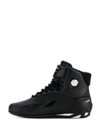 Alpinestars Woman Stella Faster-4 Drystar® Shoes, Black and Silver, lateral side profile view, waterproof motorcycle riding shoes with microfiber upper, lace-up closure and hook-and-loop strap, featuring Drystar branding and silver ankle logo.