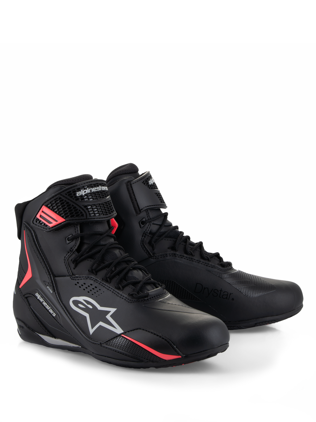 Alpinestars Stella Faster-4 Drystar® Schuhe, Damen-Motorradschuhe, Schwarz, Grau und Koralle Fluo, wasserdichte Drystar®-Technologie, Schnürverschluss mit Klettverschlussriemen, leuchtende korallenfarbene Akzente und weißes Alpinestars-Branding