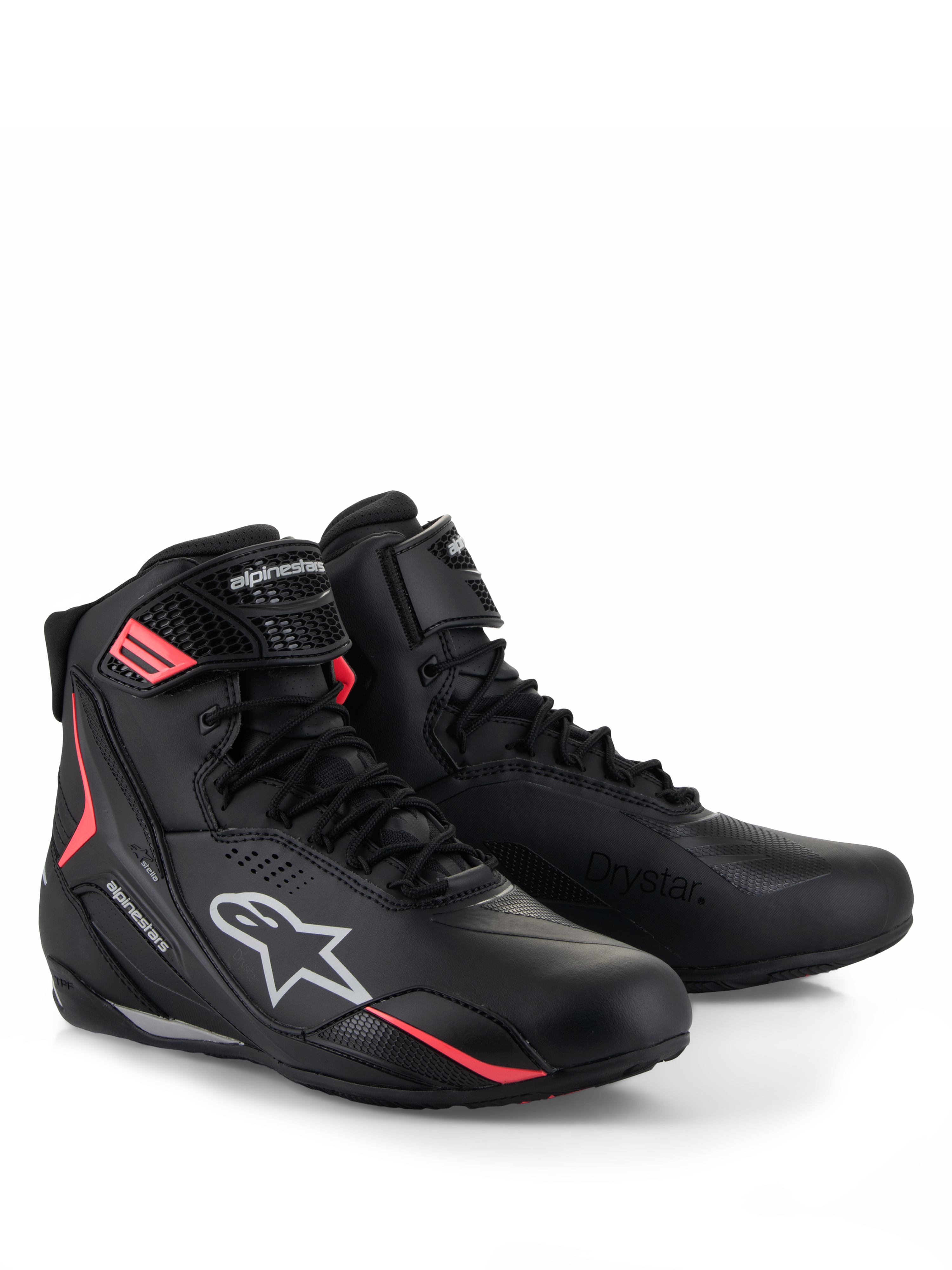 Alpinestars Stella Faster-4 Drystar® Schuhe, Damen-Motorradschuhe, Schwarz, Grau und Koralle Fluo, wasserdichte Drystar®-Technologie, Schnürverschluss mit Klettverschlussriemen, leuchtende korallenfarbene Akzente und weißes Alpinestars-Branding