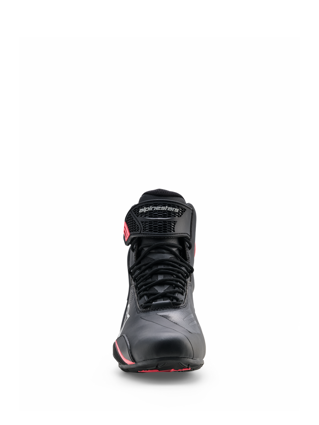 Alpinestars Stella Faster-4 Drystar® Schuhe, Damen-Motorradschuhe, Schwarz Grau und Coral Fluo, Vorderansicht mit Schnürverschluss, schützendem Knöchelriemen mit Branding und korallfarbenen Akzenten