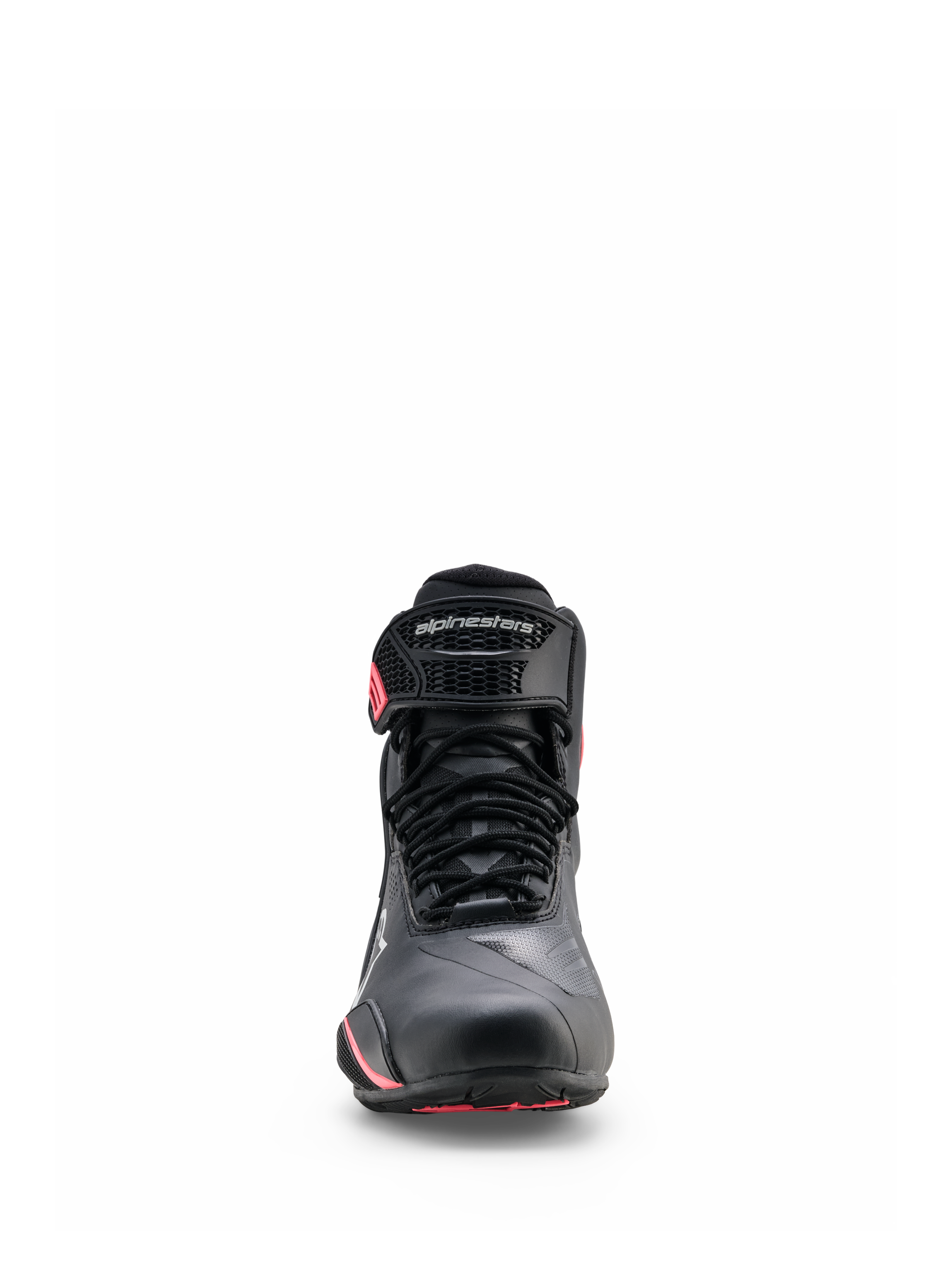Alpinestars Stella Faster-4 Drystar® Schuhe, Damen-Motorradschuhe, Schwarz Grau und Coral Fluo, Vorderansicht mit Schnürverschluss, schützendem Knöchelriemen mit Branding und korallfarbenen Akzenten