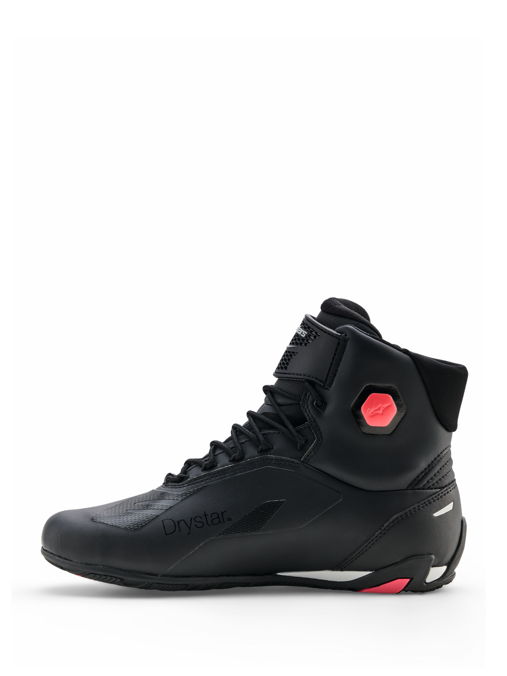 Alpinestars Stella Faster-4 Drystar® Schuhe, Damen-Motorradschuhe, Schwarz und Coral Fluo, Seitenansicht mit nahtlosem Mikrofaser-Obermaterial, Schnürverschluss und korallenfarbenem Knöchelschutz-Detail