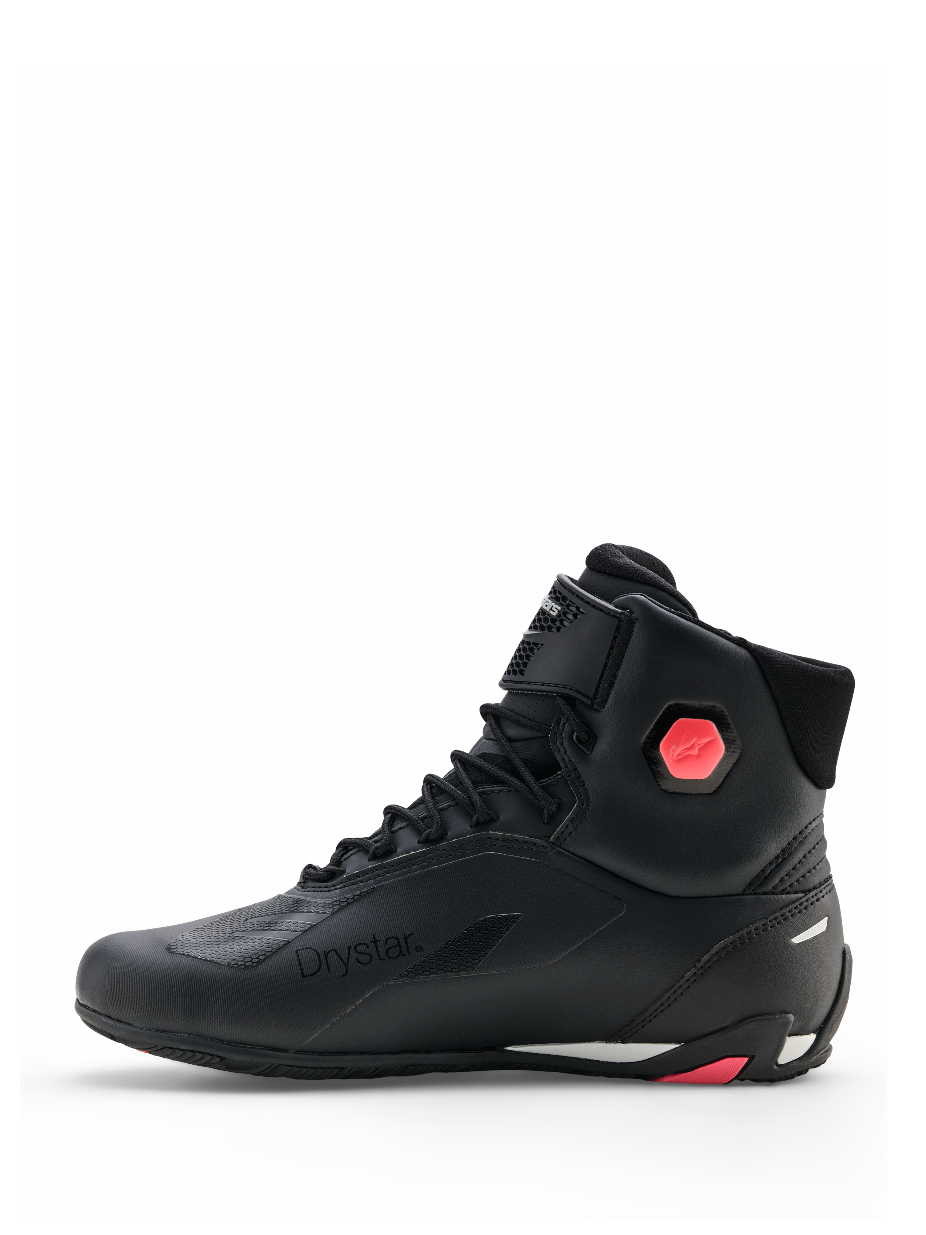 Alpinestars Stella Faster-4 Drystar® Schuhe, Damen-Motorradschuhe, Schwarz und Coral Fluo, Seitenansicht mit nahtlosem Mikrofaser-Obermaterial, Schnürverschluss und korallenfarbenem Knöchelschutz-Detail