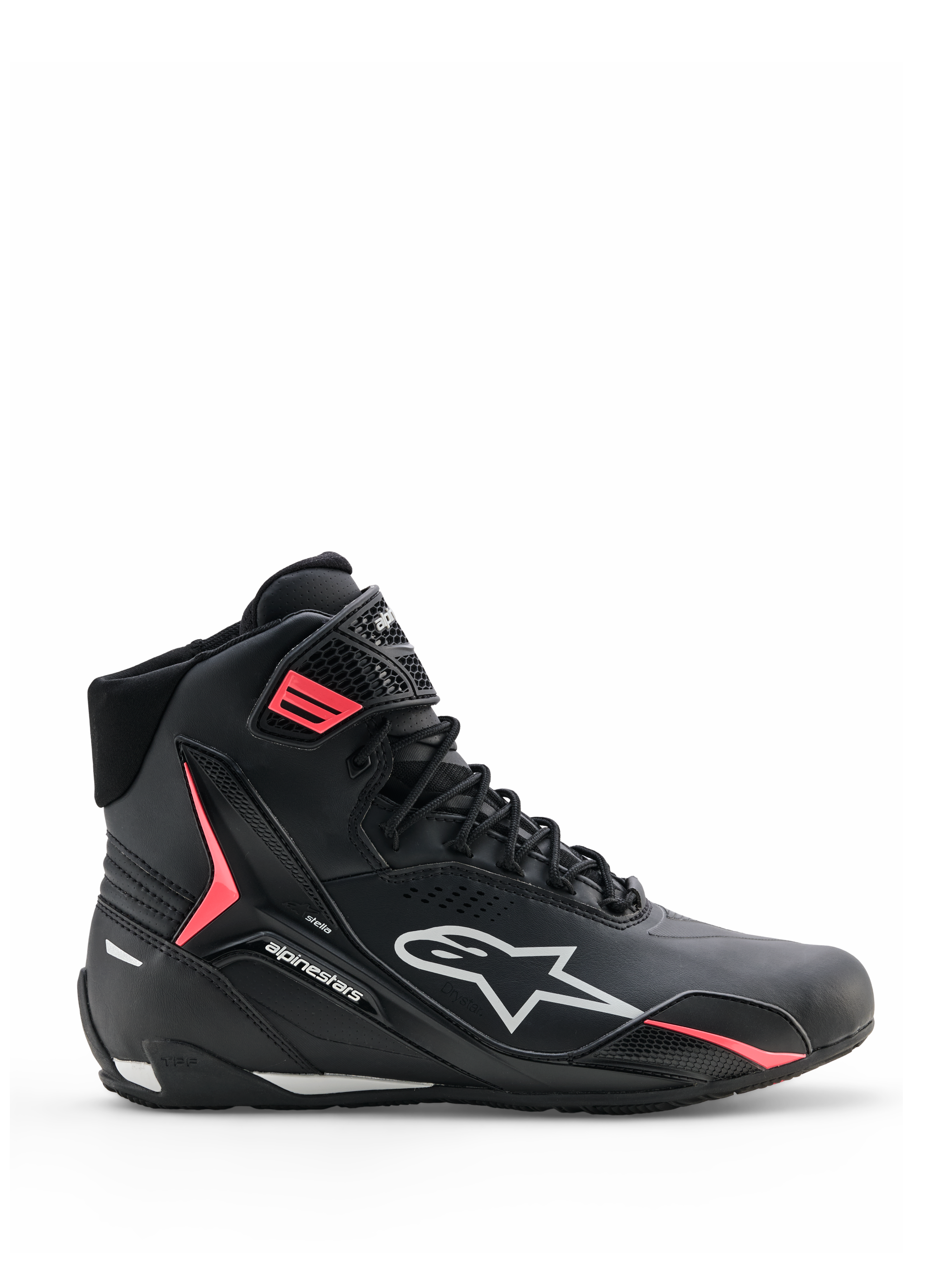 Alpinestars Stella Faster-4 Drystar® Schuhe, Motorradschuhe für Damen, Schwarz mit grauen und Coral Fluo Akzenten, High-Top-Design mit seitlichem Branding und Klettverschluss, wasserdichte Mikrofaser für sportliches Fahren