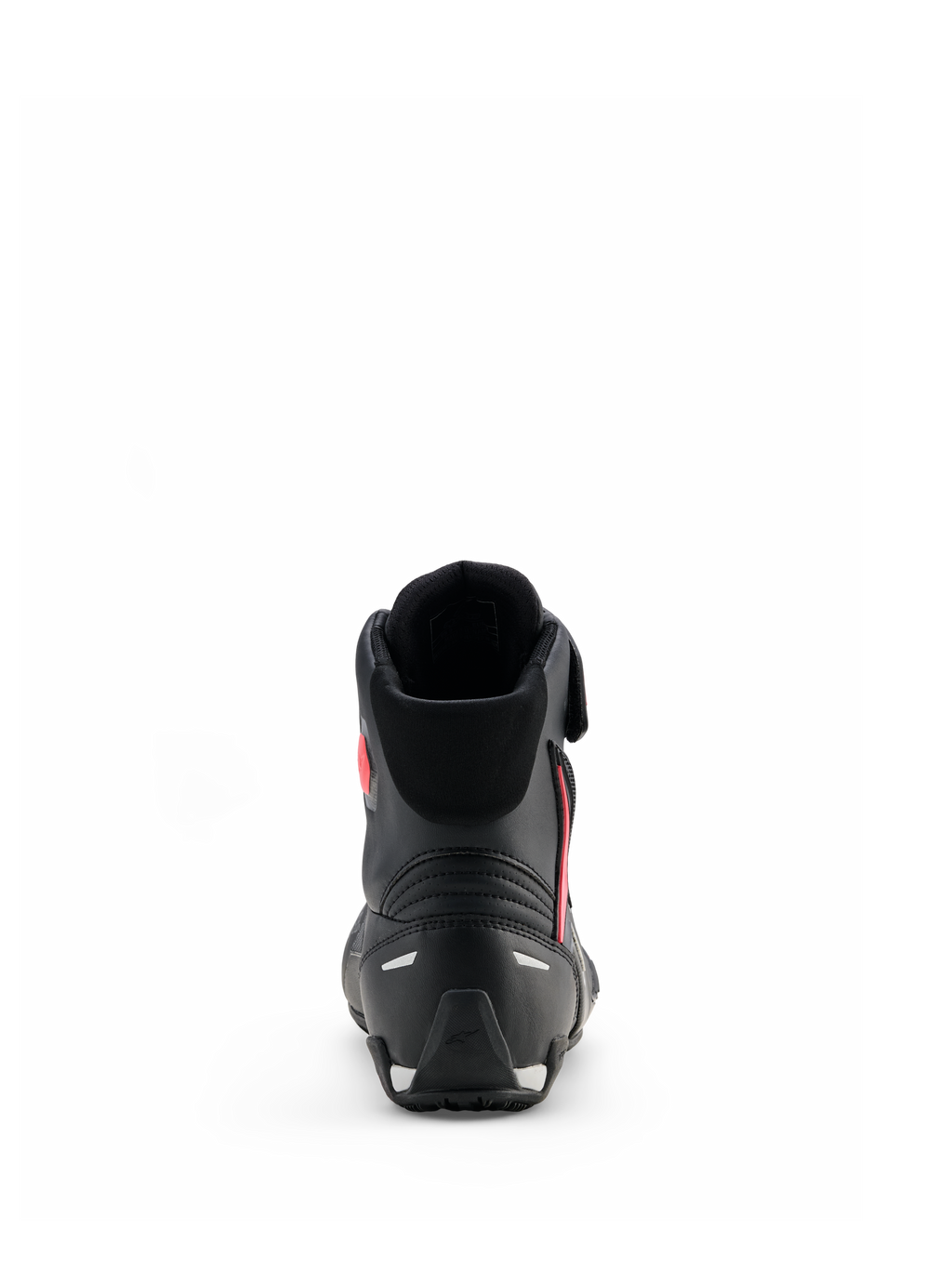 Alpinestars Damen Stella Faster-4 Drystar® Schuhe, Schwarz Grau Coral Fluo, Rückansicht mit Fersenstütze und reflektierenden Akzenten, wasserdichte Motorradschuhe mit sportlich inspiriertem Design für Damen