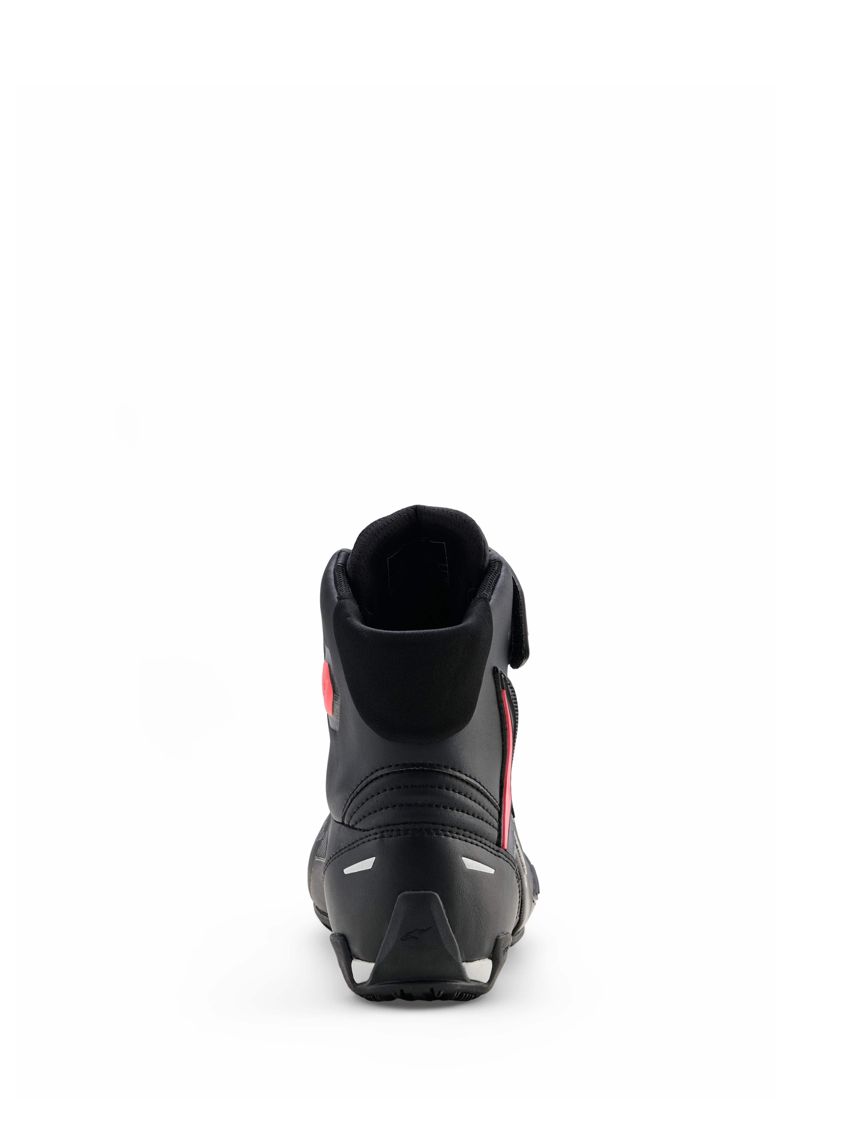 Alpinestars Damen Stella Faster-4 Drystar® Schuhe, Schwarz Grau Coral Fluo, Rückansicht mit Fersenstütze und reflektierenden Akzenten, wasserdichte Motorradschuhe mit sportlich inspiriertem Design für Damen