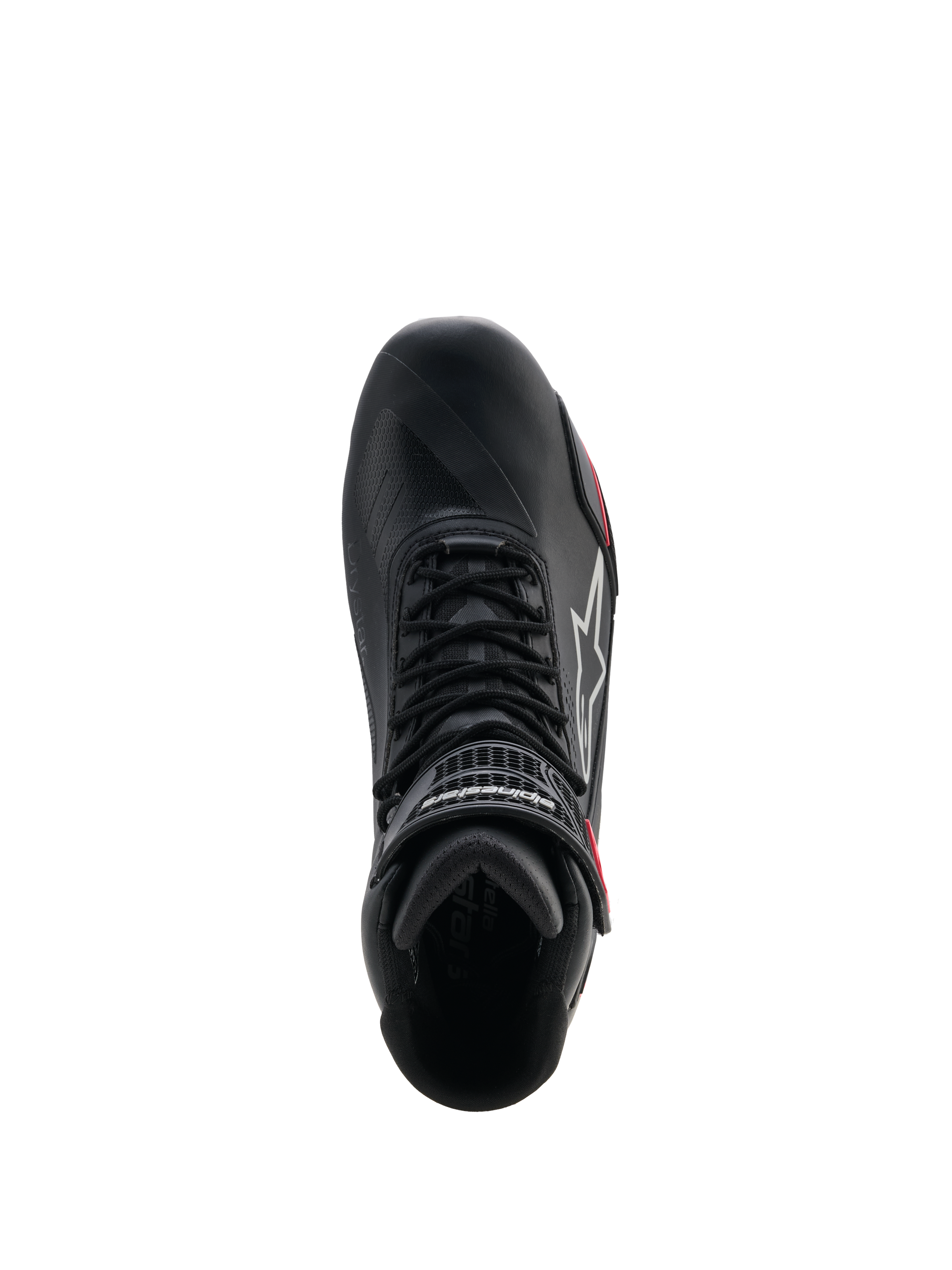 Alpinestars Damen Stella Faster-4 Drystar® Schuhe, Motorradschuhe, Schwarz, Grau und Coral Fluo, Draufsicht mit Schnürsystem und Klettverschluss-Knöchelriemen, schlankes Mikrofaser-Design mit wasserdichter Drystar®-Technologie