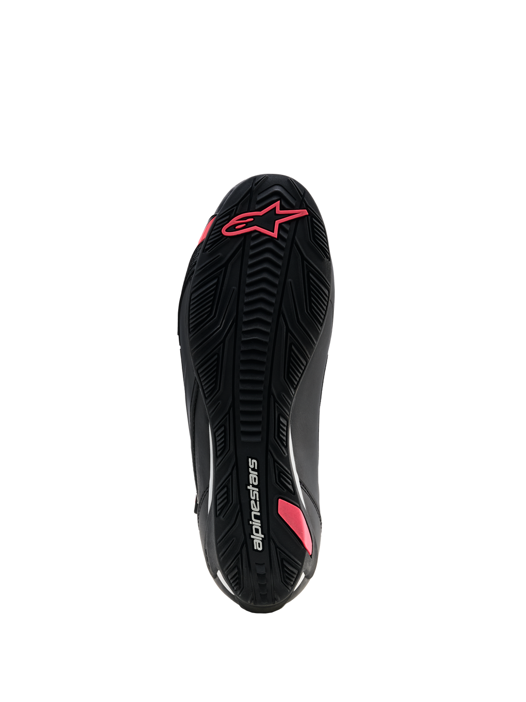 Alpinestars Stella Faster-4 Drystar® Schuhe, Damen-Motorradschuhe, Schwarz und Coral Fluo, Sohlenansicht der strukturierten Gummisohle mit Profilmuster, Astars-Logo und Alpinestars-Branding.