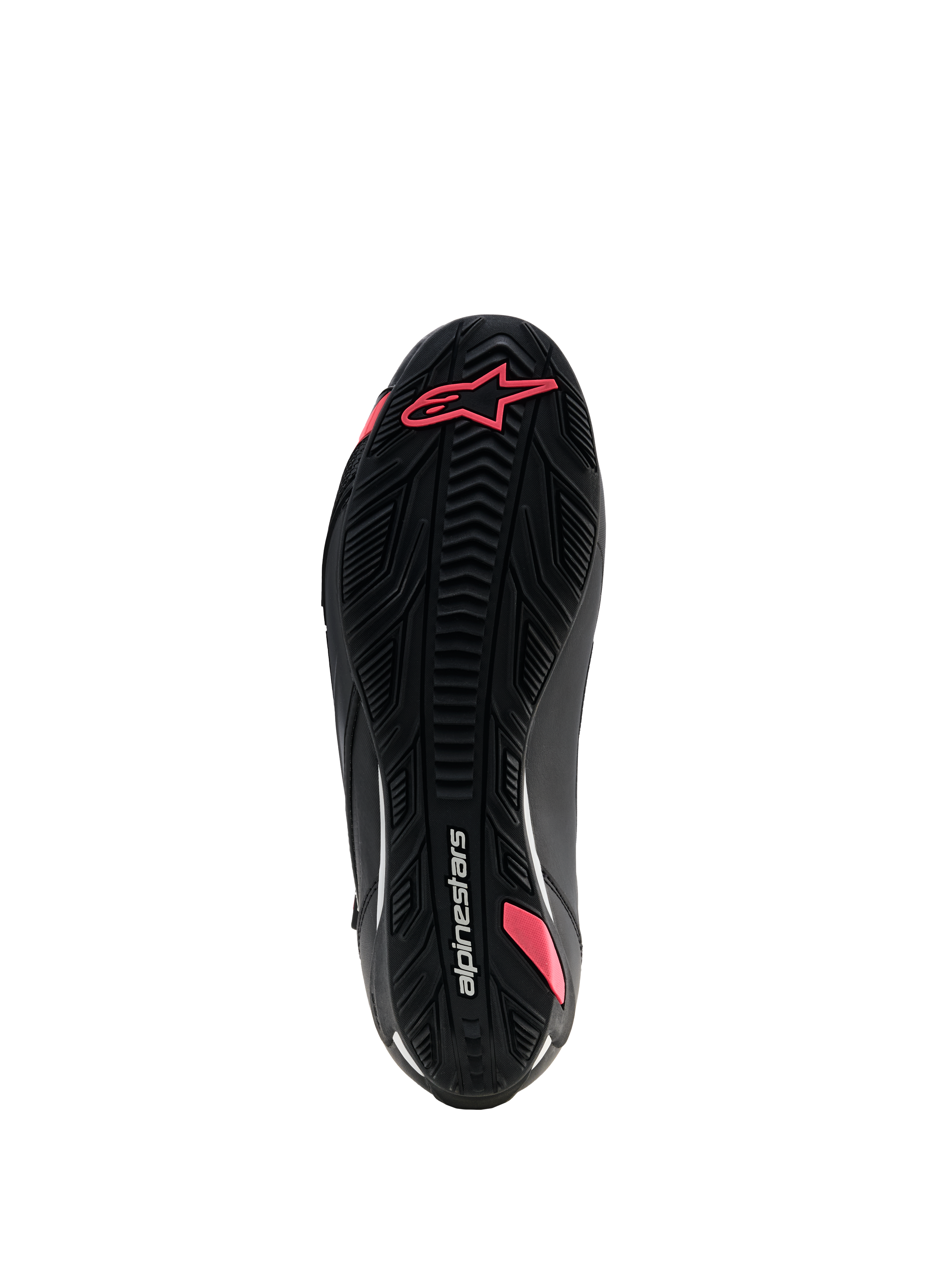 Alpinestars Stella Faster-4 Drystar® Schuhe, Damen-Motorradschuhe, Schwarz und Coral Fluo, Sohlenansicht der strukturierten Gummisohle mit Profilmuster, Astars-Logo und Alpinestars-Branding.