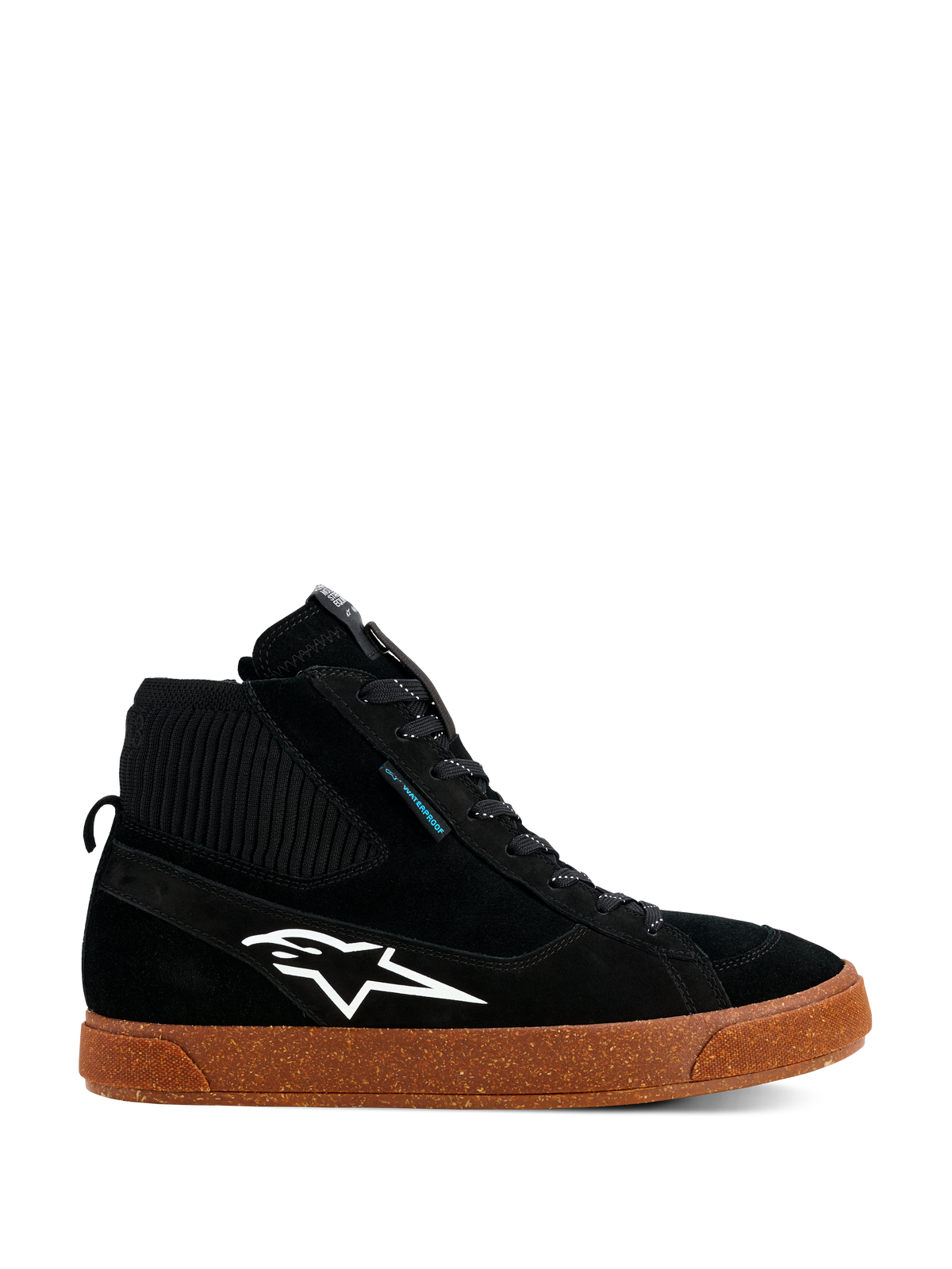 Alpinestars Stated Waterproof Shoes, Black High-Top Riding Sneakers, Suede and Knitted Construction, White Alpinestars Logo, Speckled Brown Gum Vulcanized Sole, Urban Motorcycle Footwear, Modern Skate-Inspired Design