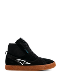 Alpinestars Stated Wasserdichte Schuhe, Schwarze High-Top Riding-Sneaker, Wildleder- und Strickkonstruktion, Weißes Alpinestars-Logo, Braune gesprenkelte vulkanisierte Gummisohle, Urbanes Motorrad-Schuhwerk, Modernes Skate-inspiriertes Design