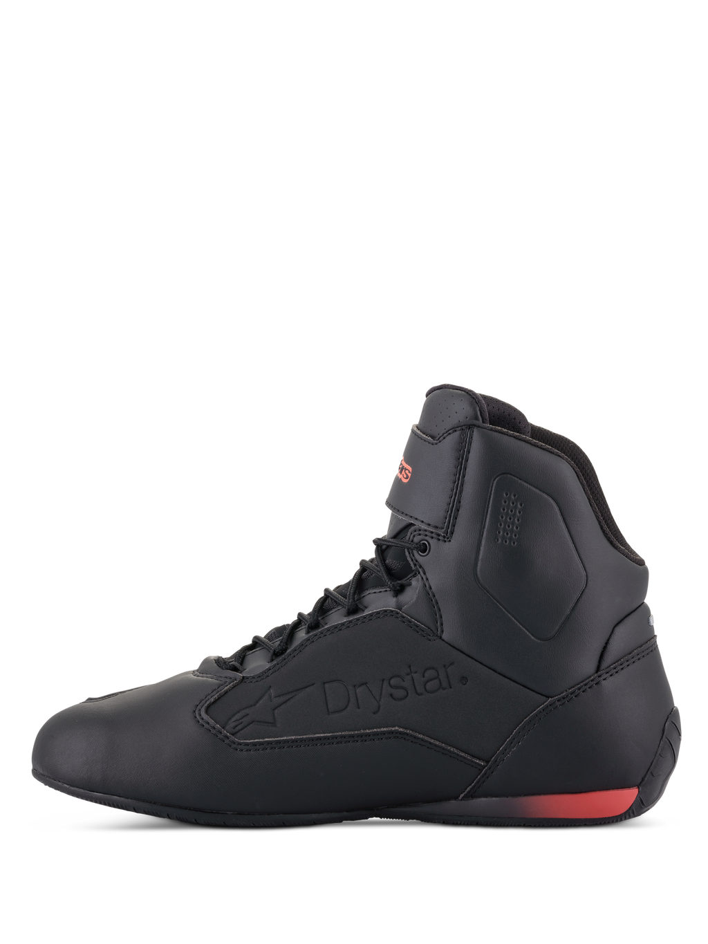 Alpinestars Faster-3 Drystar® Shoes, Motorcycle Riding Shoes, Black and Red Fluo, side profile view with embossed Drystar logo and red fluorescent heel accent, sleek microfiber chassis for urban and road riding