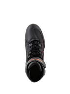 Alpinestars Faster-3 Drystar® Shoes, Motorcycle Riding Shoes, Black with Red Fluo accents, top-down view showing laces and ankle strap, technical microfiber construction