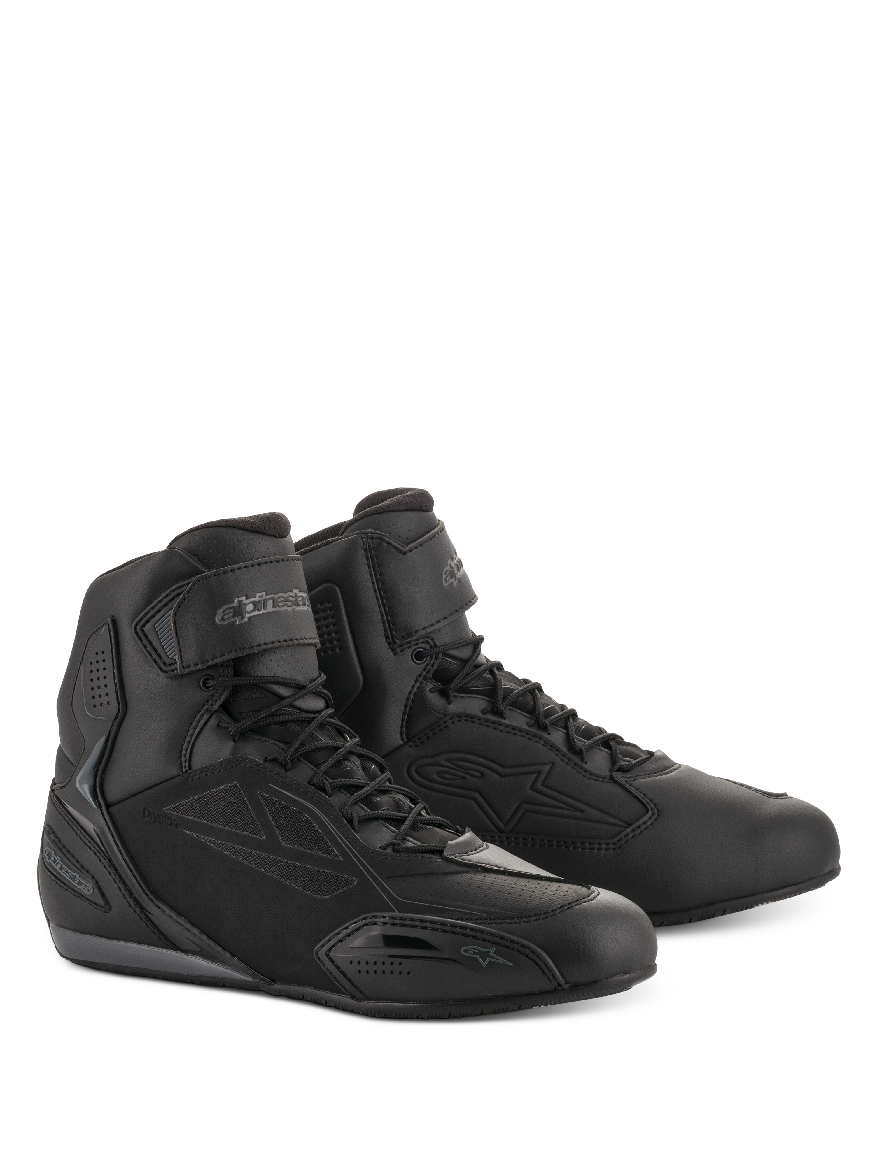 Alpinestars Faster-3 Drystar® Motorradschuhe, Motorradschuhe, Schwarz und Cool Gray, High-Top-Design mit Schnürverschluss und Klettverschluss am Knöchel, schlankes Mikrofaser-Chassis mit Schutzpaneelen, wasserdichtes Schuhwerk für die Straße.