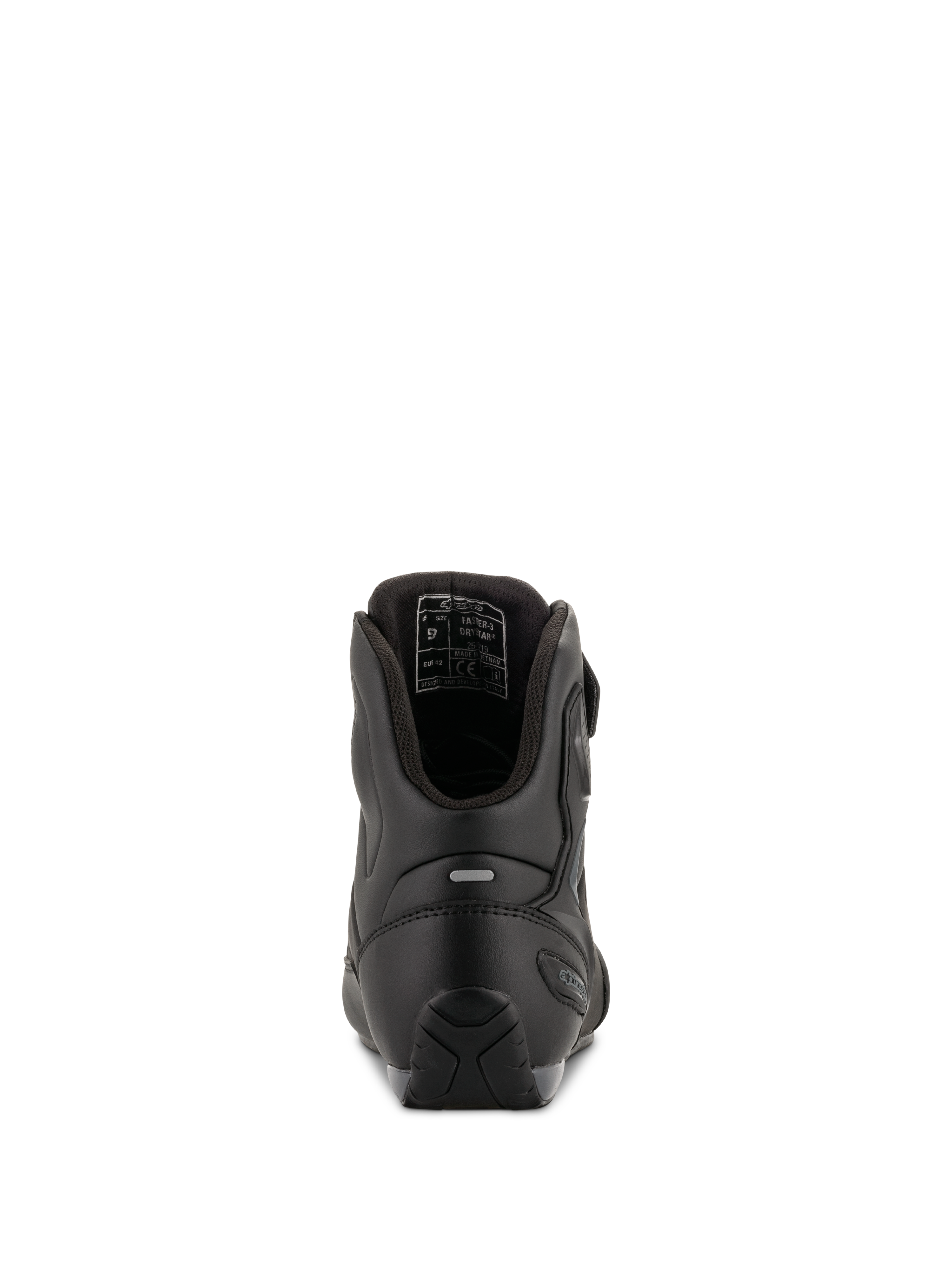 Alpinestars Faster-3 Drystar® Motorradschuhe, Black Cool Gray, Rückansicht mit Fersenverstärkung, reflektierendem Tab und Innenfutter, wasserdichte Mikrofaser-Konstruktion für Straßenfahrten.