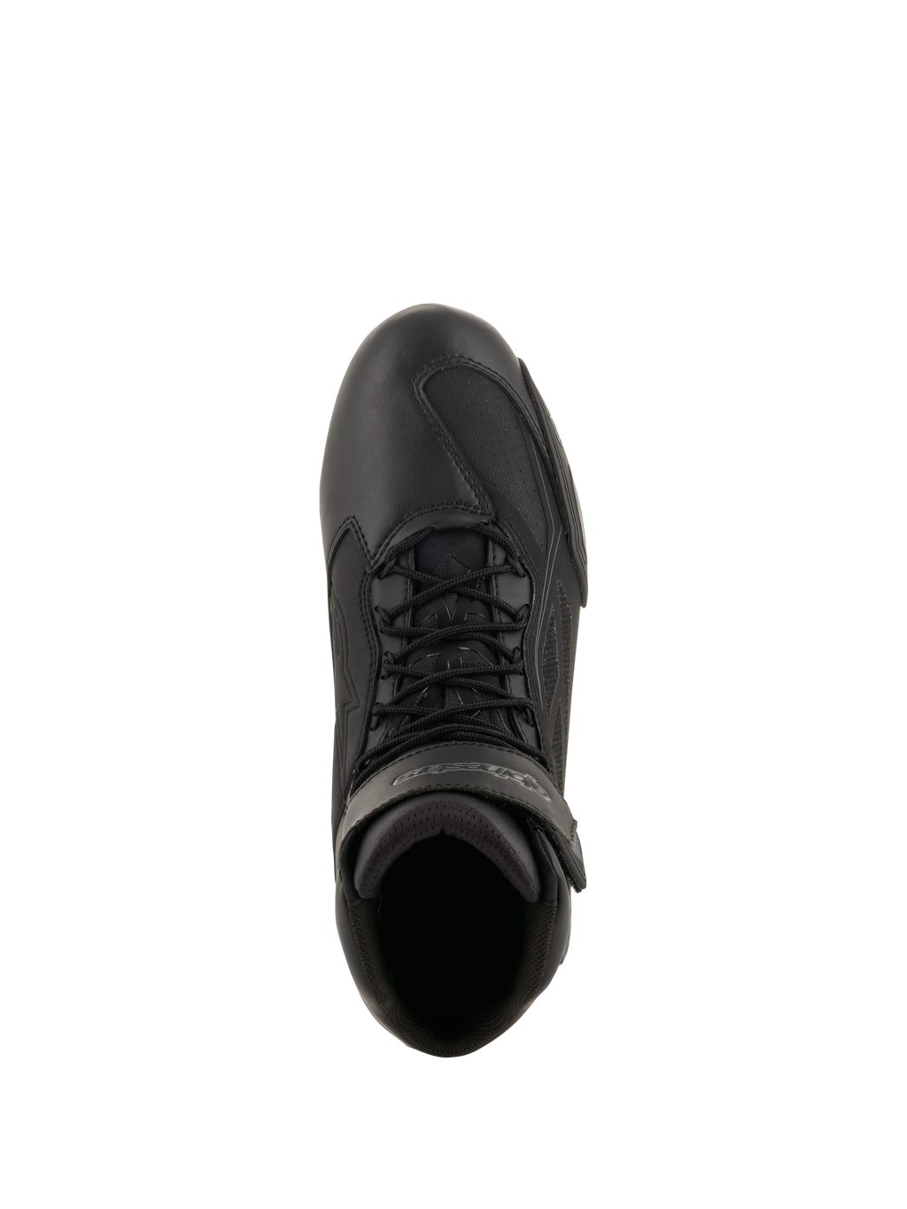 Alpinestars Faster-3 Drystar® Motorradschuhe, Schwarz und Cool Gray, Ansicht von oben zeigt Mikrofaser-Chassis, schwarze Schnürsenkel und Klettverschluss am Knöchel, technisches sportlich inspiriertes Design für Straßenfahrten bei jedem Wetter
