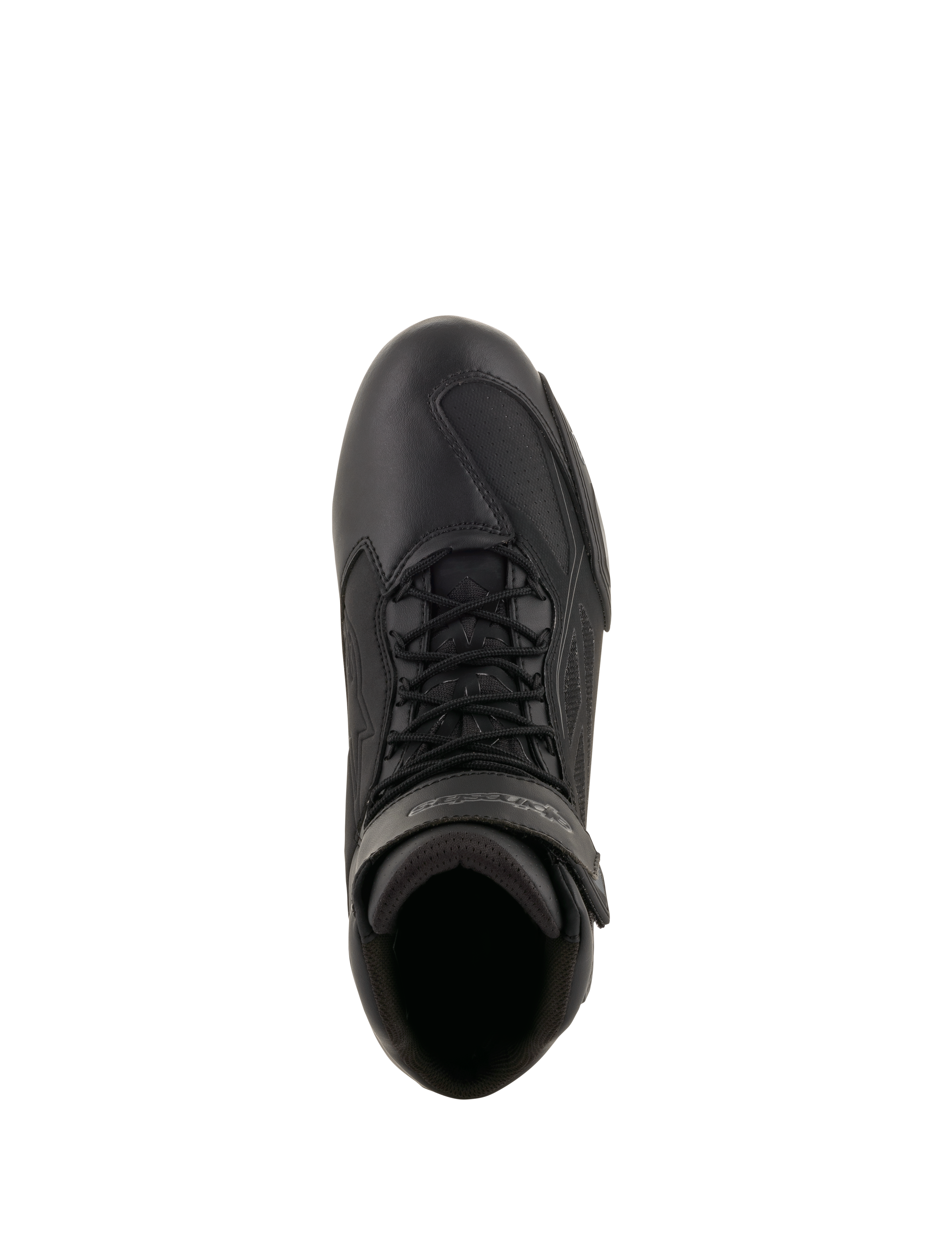 Alpinestars Faster-3 Drystar® Motorradschuhe, Schwarz und Cool Gray, Ansicht von oben zeigt Mikrofaser-Chassis, schwarze Schnürsenkel und Klettverschluss am Knöchel, technisches sportlich inspiriertes Design für Straßenfahrten bei jedem Wetter