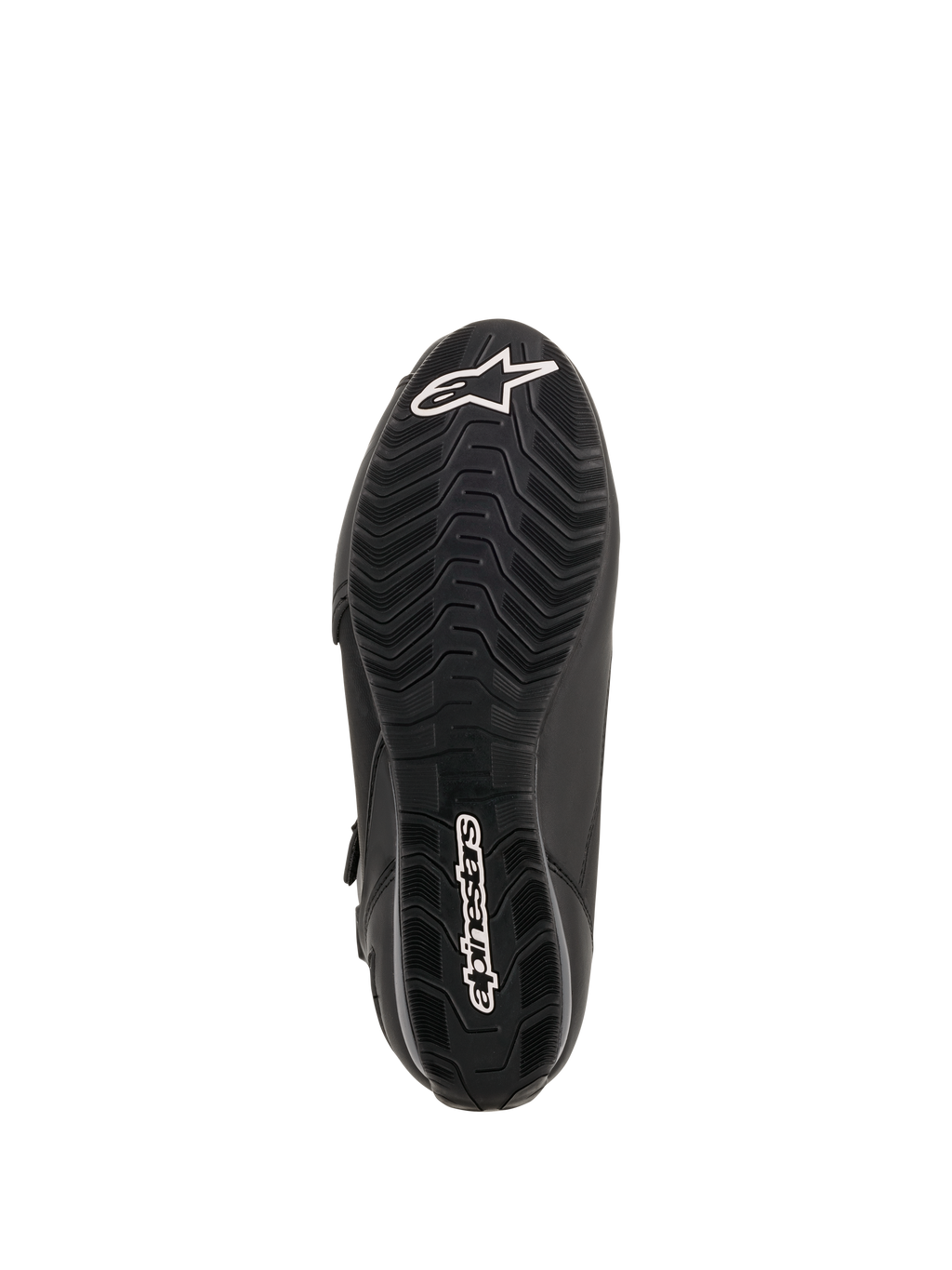 Alpinestars Faster-3 Drystar® Motorradschuhe, Sohlenansicht, schwarzer Gummi mit wellenförmigem Profilmuster, weißes Alpinestars Stern-Logo an der Zehenpartie und Wortmarke an der Ferse, technisches Motorrad-Schuhwerk.