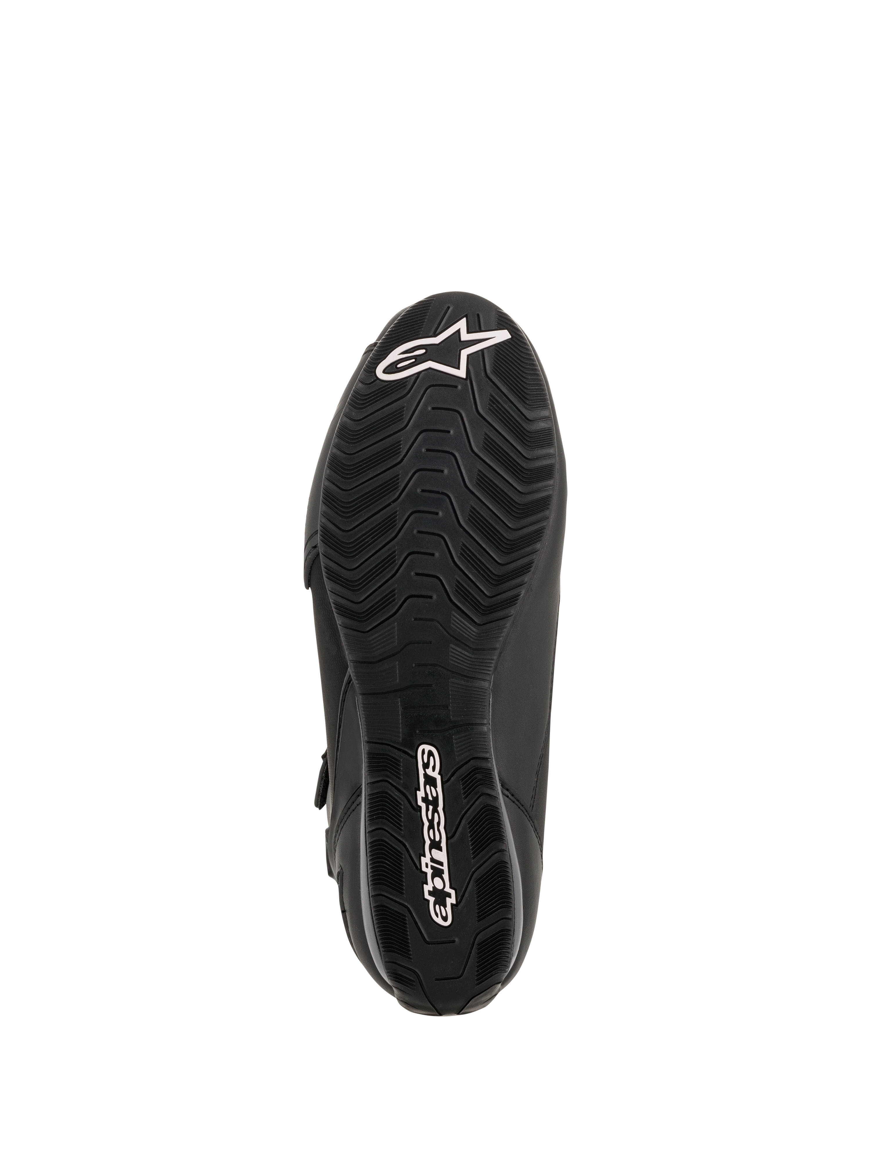 Alpinestars Faster-3 Drystar® Motorradschuhe, Sohlenansicht, schwarzer Gummi mit wellenförmigem Profilmuster, weißes Alpinestars Stern-Logo an der Zehenpartie und Wortmarke an der Ferse, technisches Motorrad-Schuhwerk.