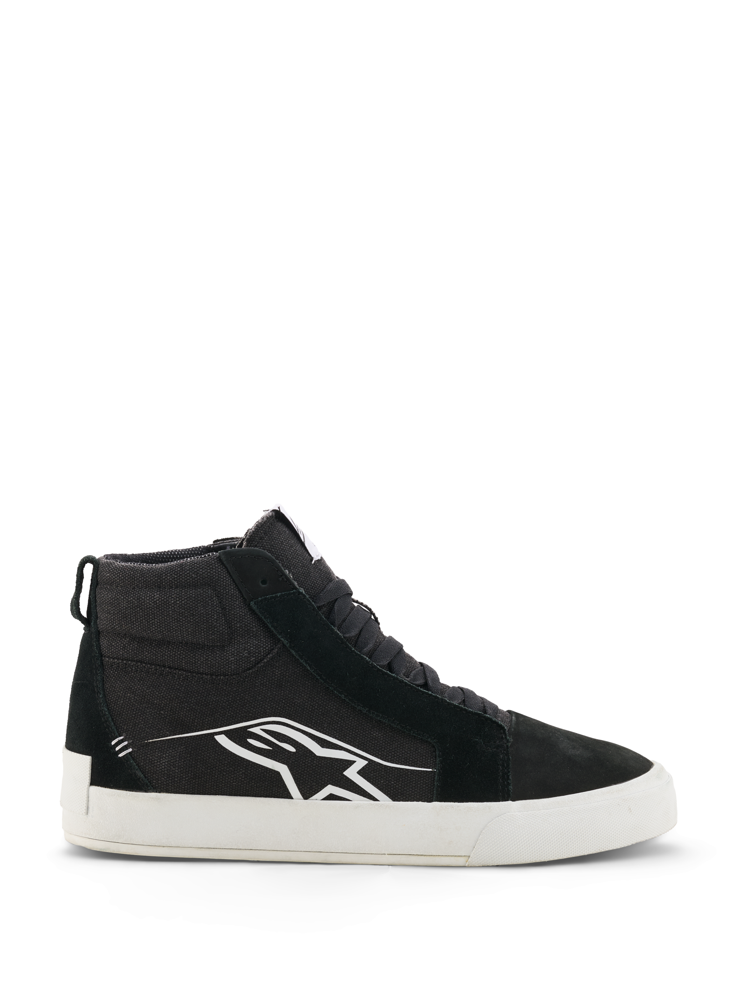 Alpinestars Ride-63 Canvas Shoes, Black and White High-Top Motorcycle Sneakers, Urban Casual Riding Footwear, Canvas and Suede Upper, Side Profile with White Astars Logo, Flat White Rubber Sole